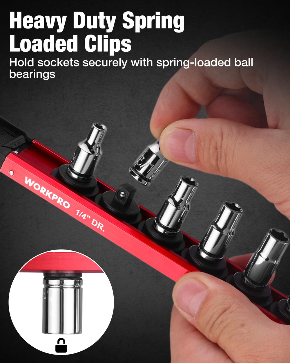 WORKPRO laser-etched size labels visible on clips for quick identification