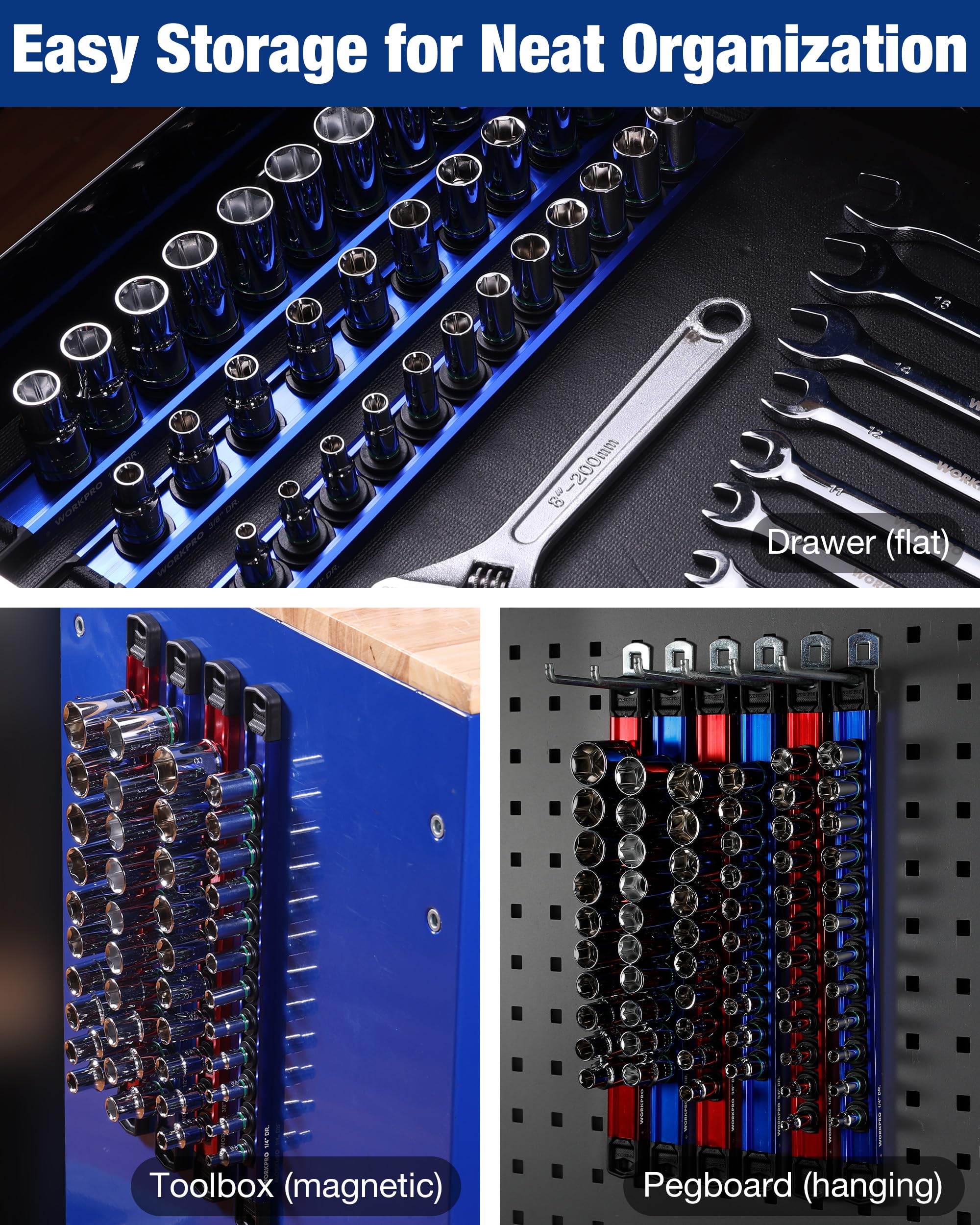 WORKPRO laser-etched markings help you read socket specs at a glance.