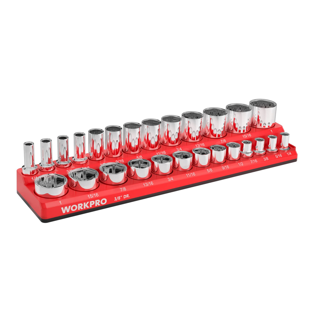 WORKPRO magnetic socket organizer with 3/8-inch SAE tray keeps sockets organized and accessible