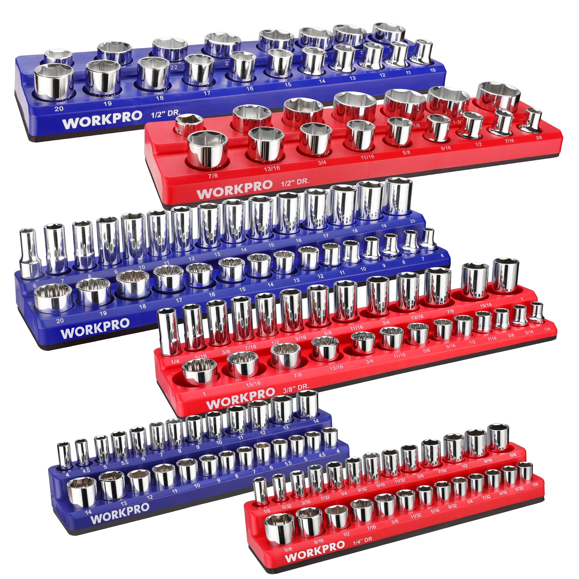 WorkPRO blue metric 1/4 drive tray keeps sockets organized and accessible.