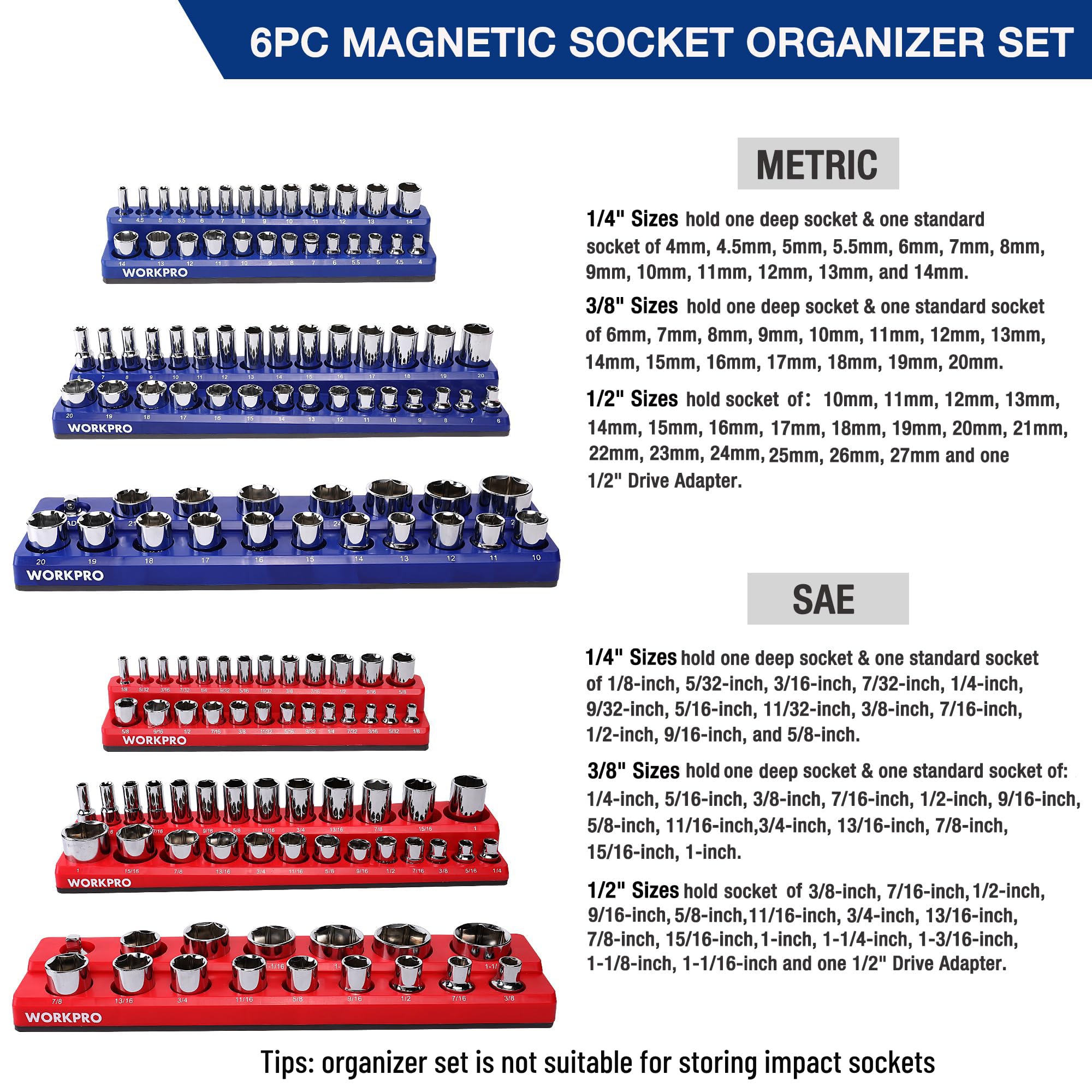 WorkPRO blue metric 3/8 drive tray enables quick access to sockets.