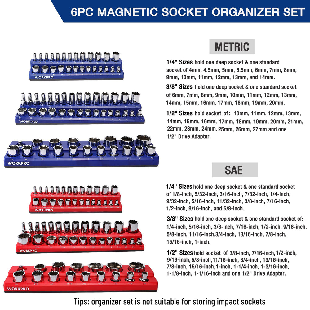 WorkPRO blue metric 3/8 drive tray enables quick access to sockets.
