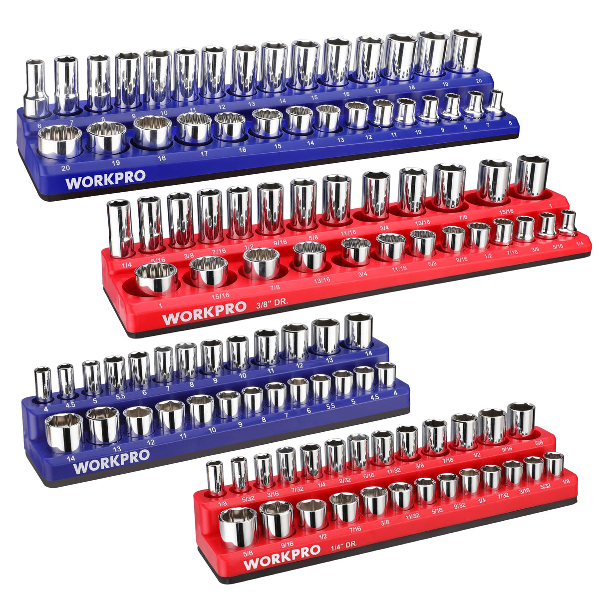 WORKPRO magnetic socket organizer metric trays front view keeps sockets secure and easy to grab.