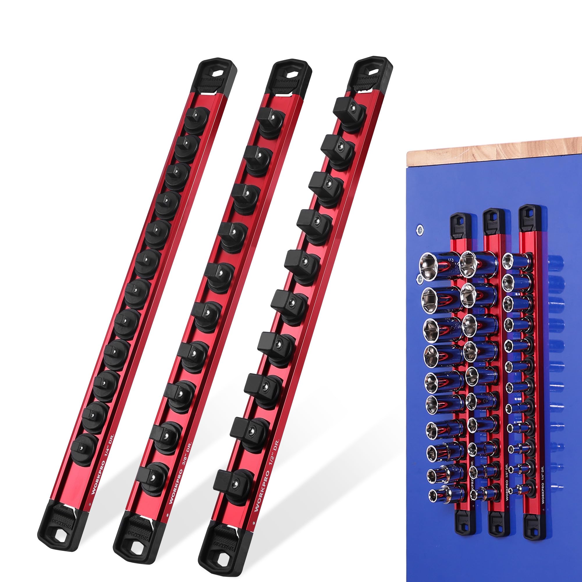 WORKPRO magnetic socket organizer rail securing sockets to a steel surface for quick access