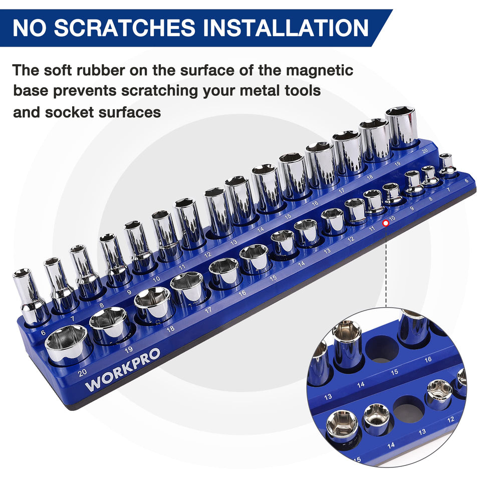 WorkPRO red SAE 1/4 drive tray secures sockets on metal surfaces.
