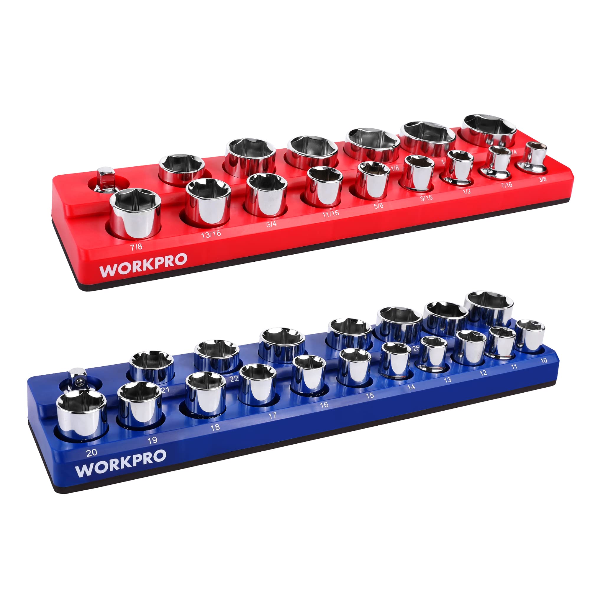 WORKPRO magnetic socket organizer set, top view, enables quick access to sockets.