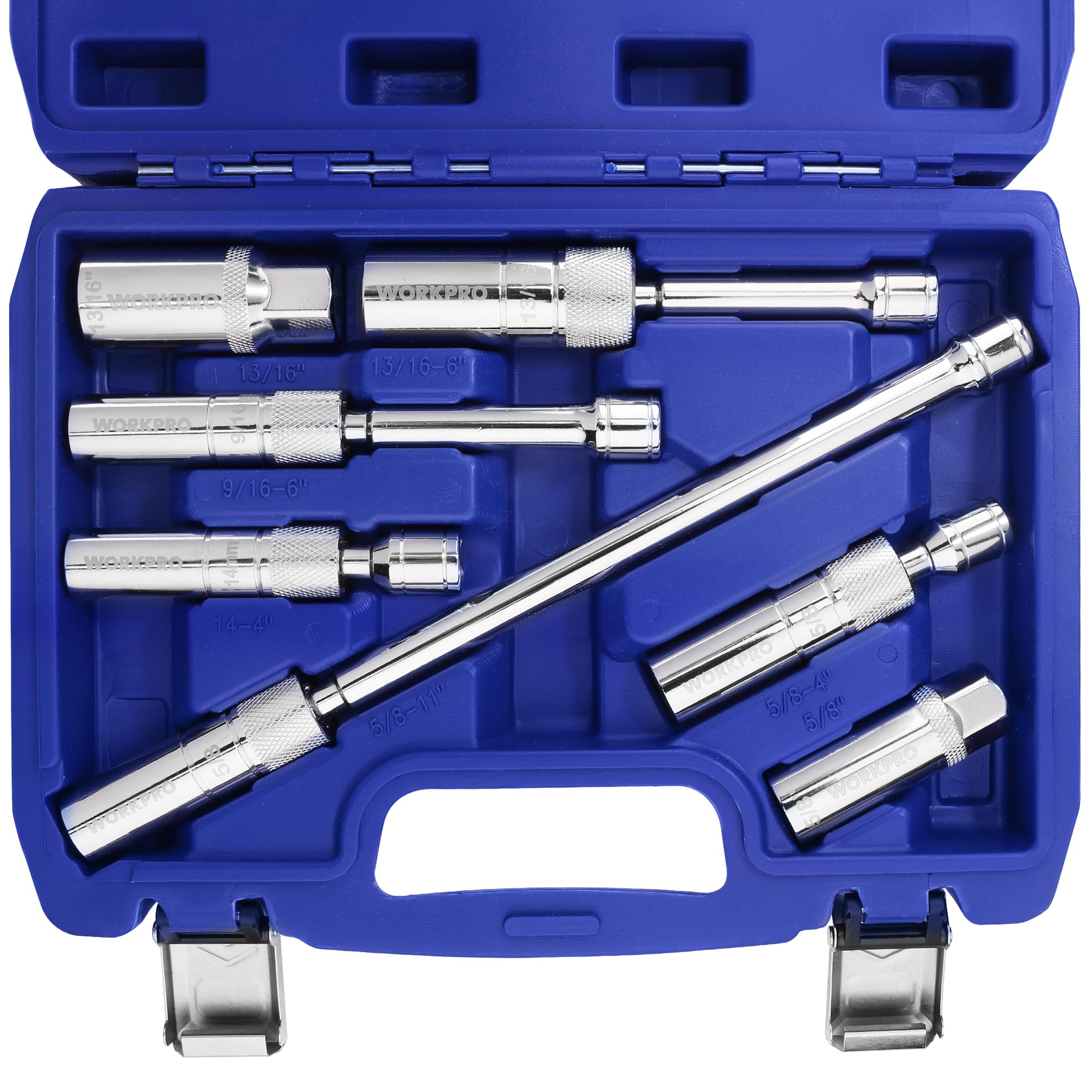 WORKPRO magnetic swivel spark plug socket set overview showing durability and versatility.