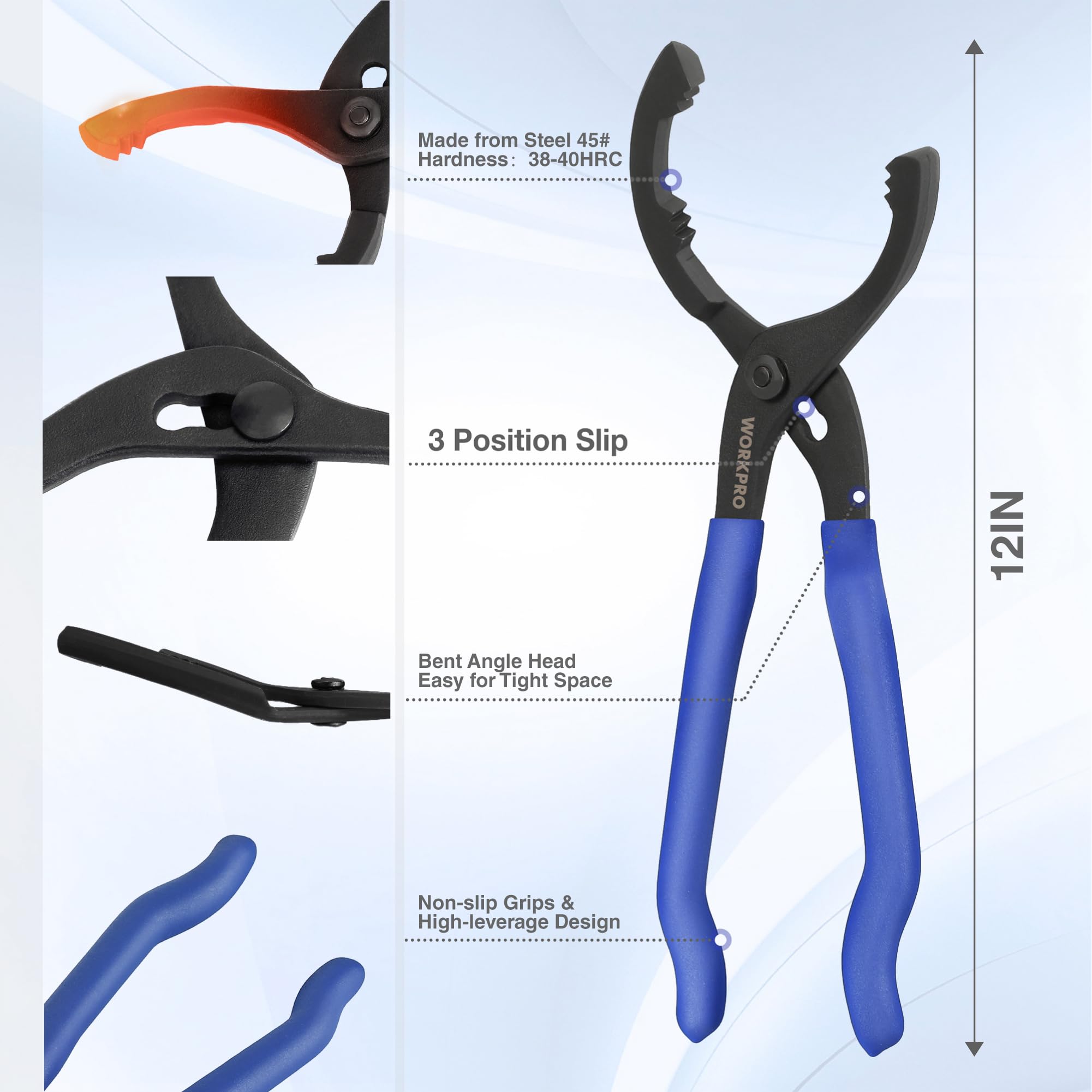 WORKPRO soft-grip oil filter plier offering ergonomic control in tight spaces