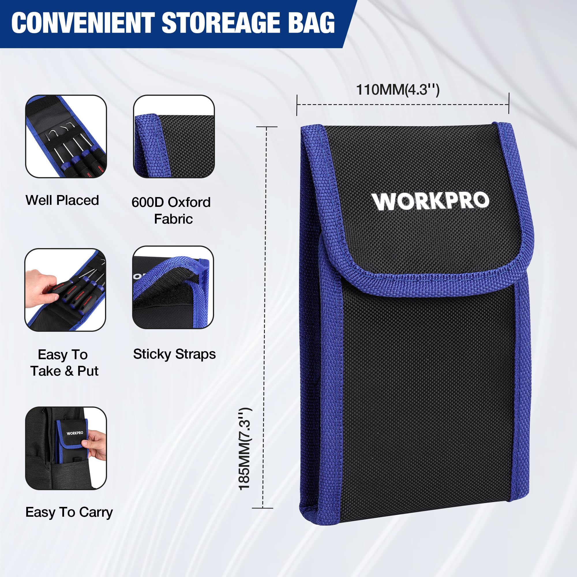 WORKPRO pouch storage keeps all picks organized for easy transport