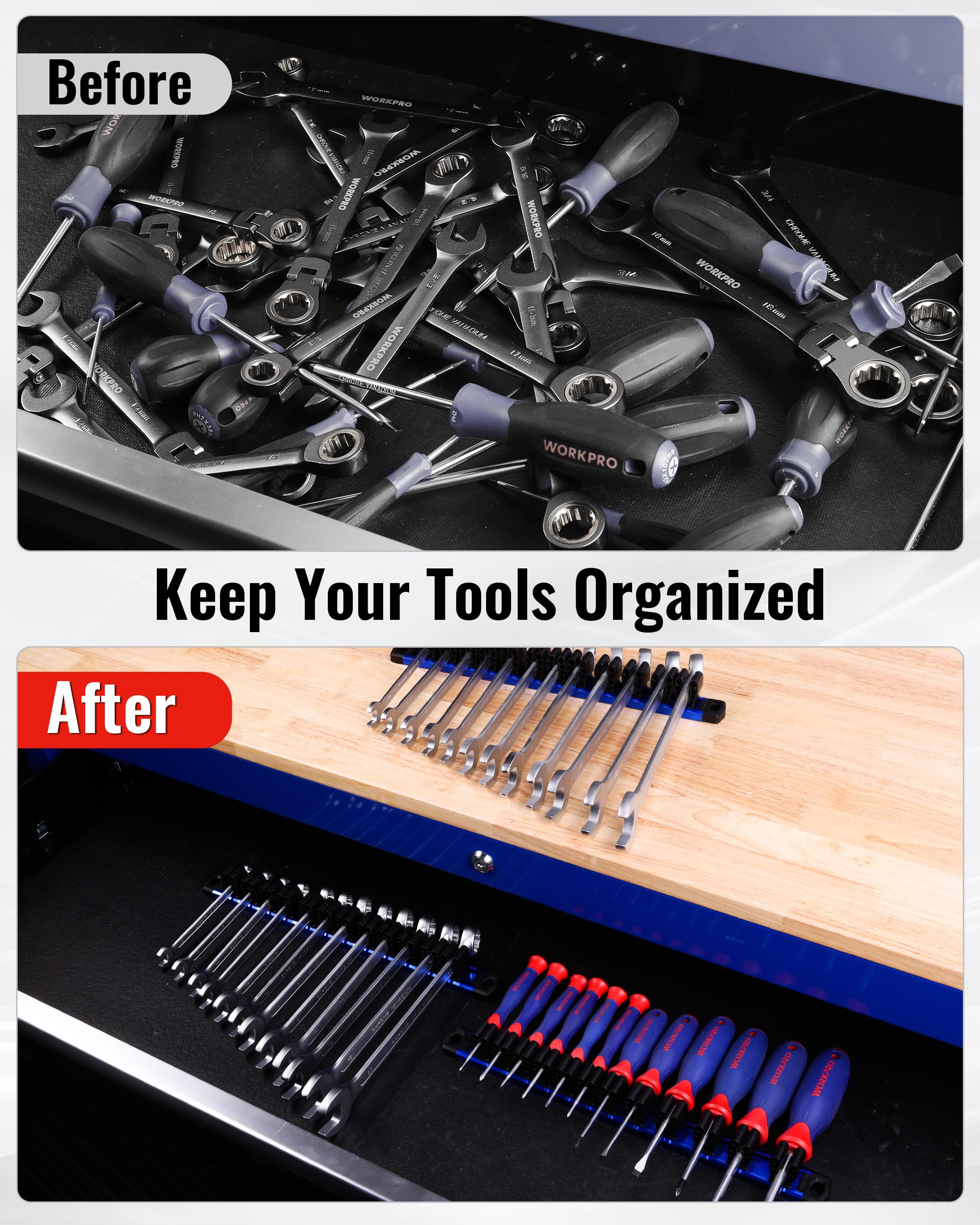 WorkPro red anodized rail adds durable style to workspace.