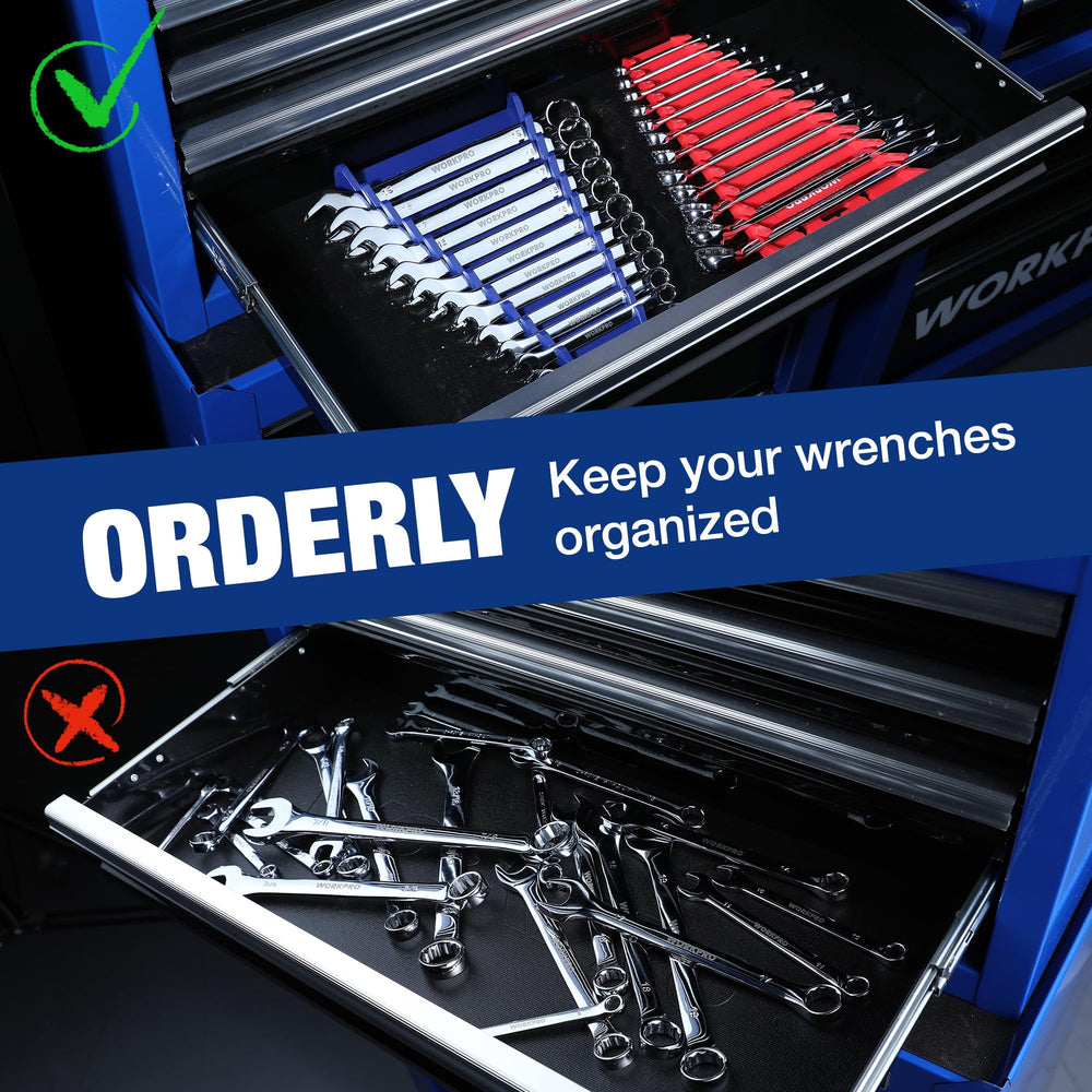 WorkPRO red and blue accents differentiate metric and SAE tools.