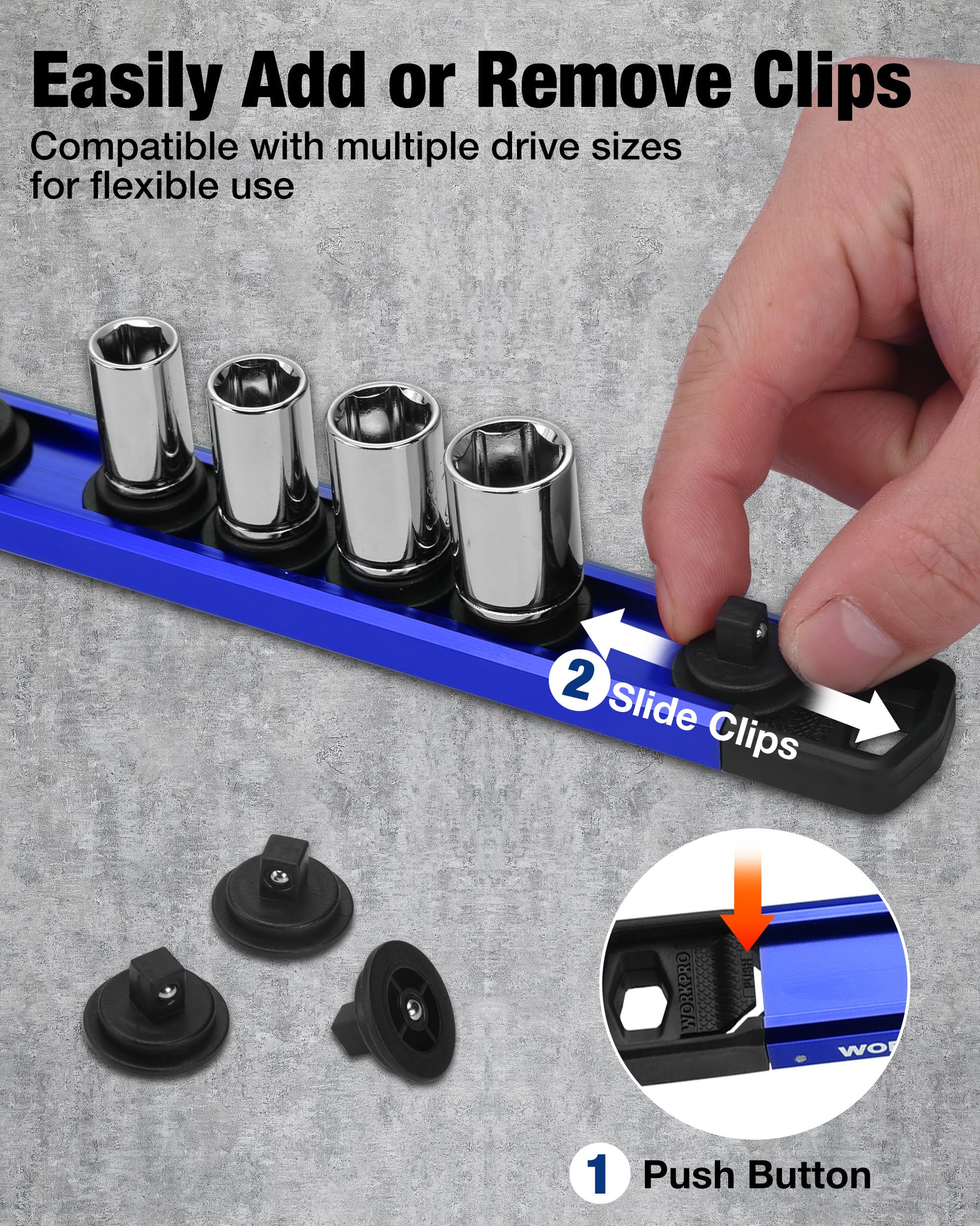 WORKPRO removable socket clip enables quick customization to fit your socket collection.