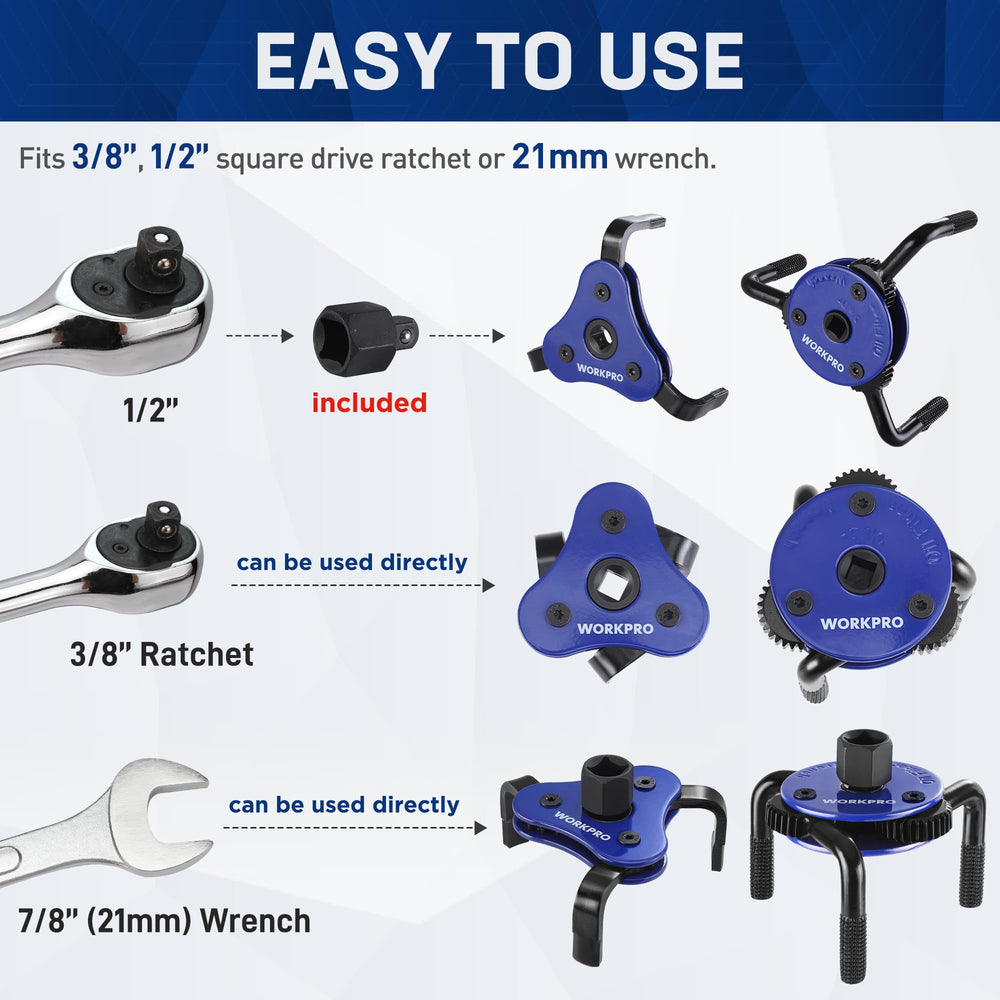 WORKPRO tool shows three rotatable legs providing a secure grip.