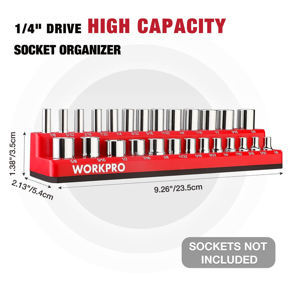 WORKPRO SAE and metric socket holders keep sockets visible and accessible.