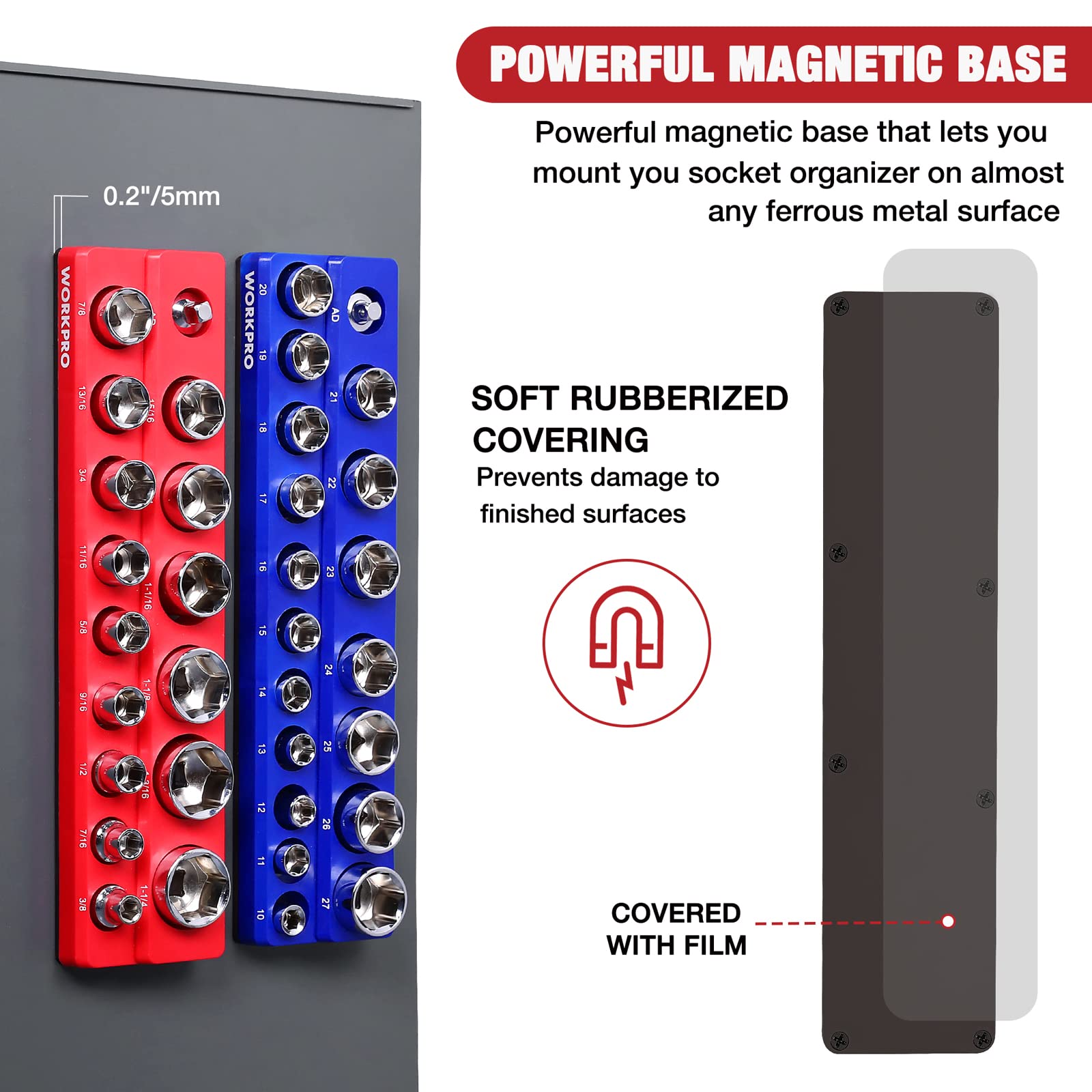 WORKPRO scratch-free mounting sleeve protects surfaces while organizing sockets.