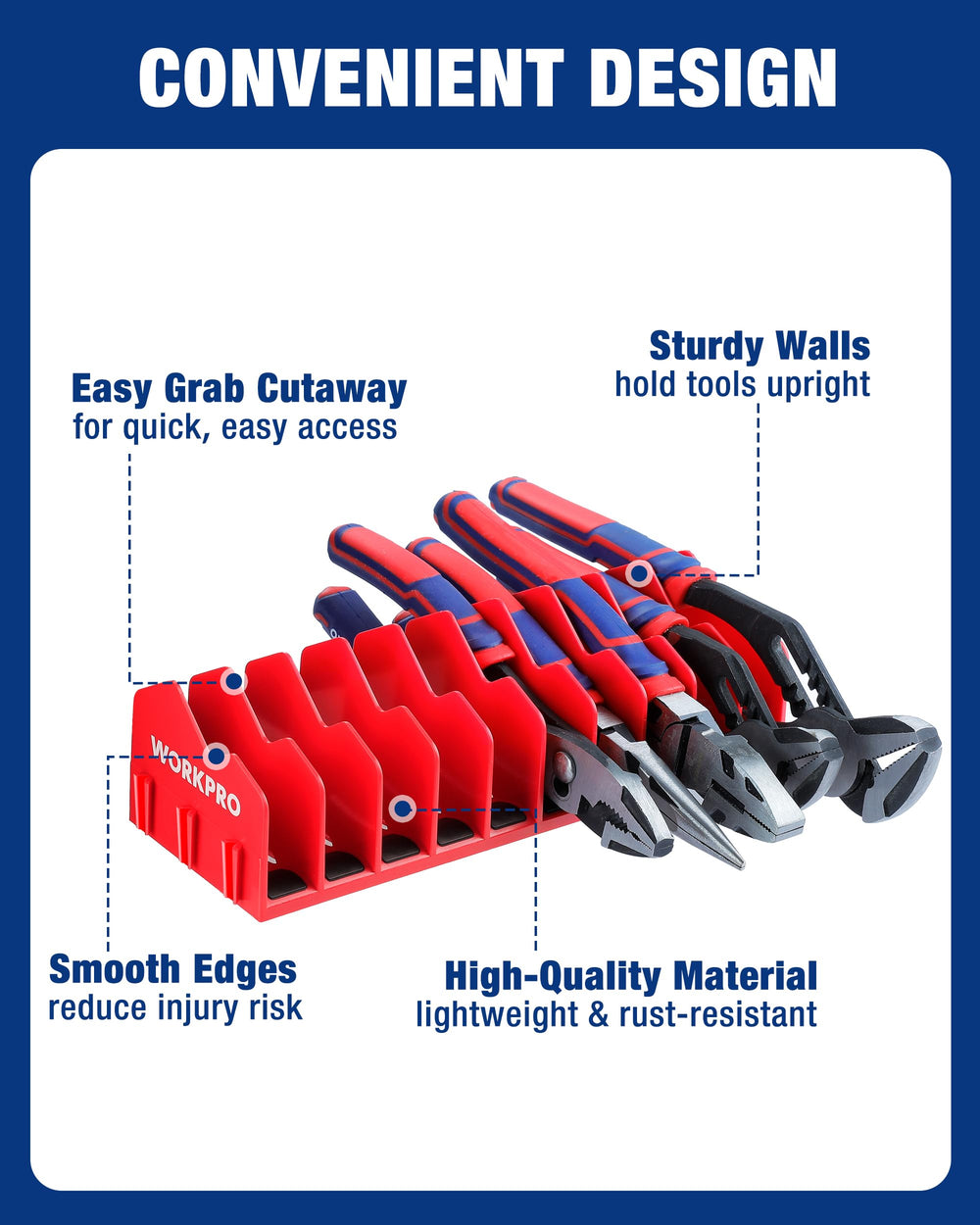 0.8-inch slot width keeps pliers separated and organized in WORKPRO rack