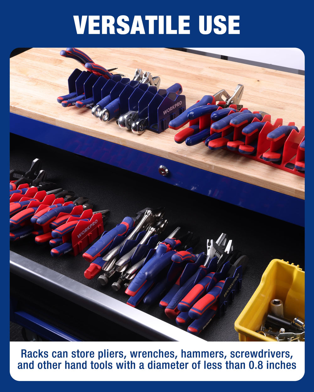 Smooth edges of WORKPRO organizer reduce risk of cuts in busy workshops