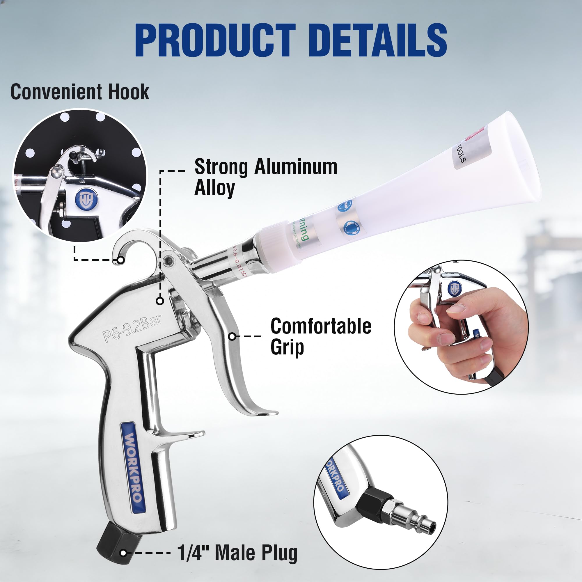 WORKPRO Tornado Nozzle easy setup with hose connection and fitting.