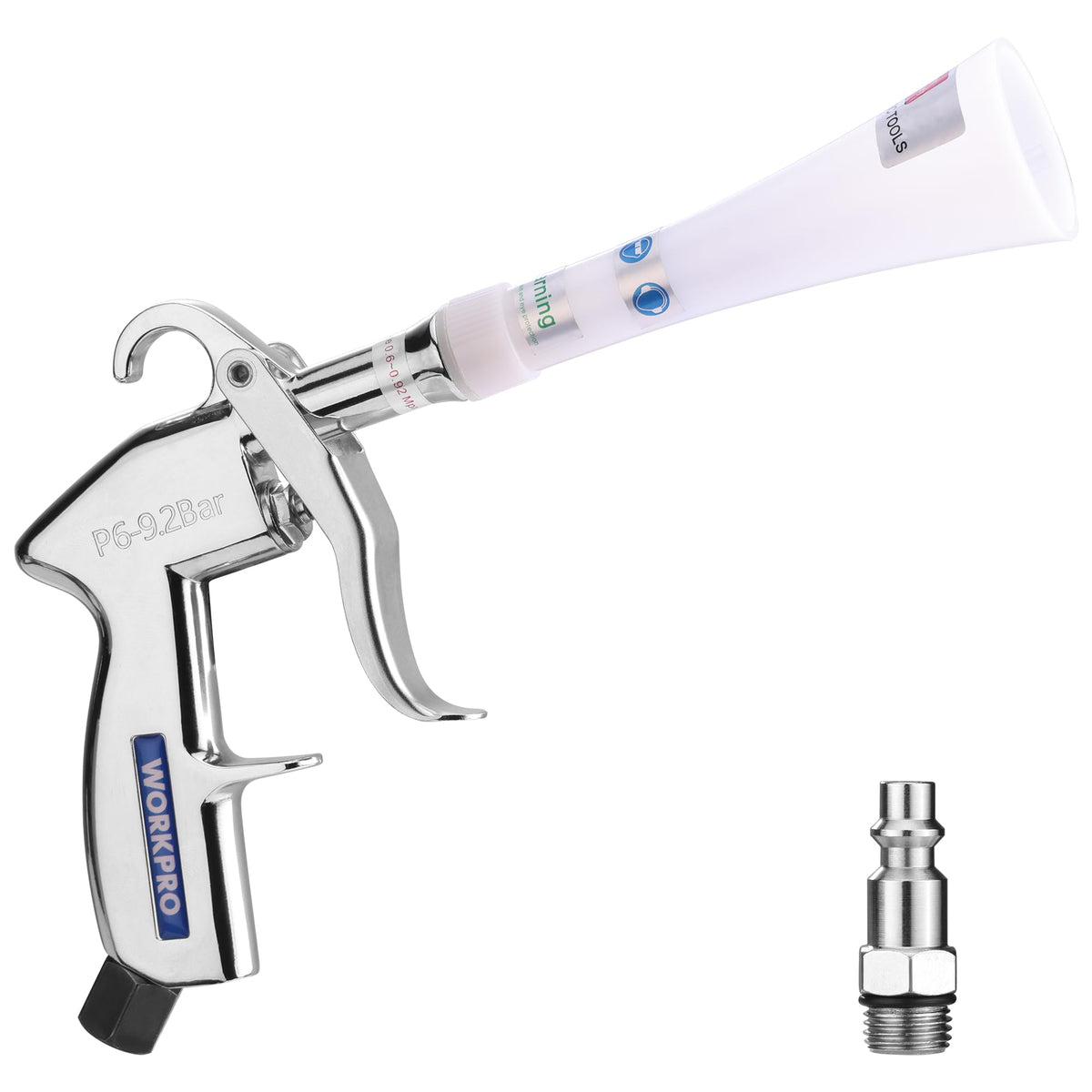 WORKPRO Tornado Nozzle front view highlights compact build and durable aluminum shell.