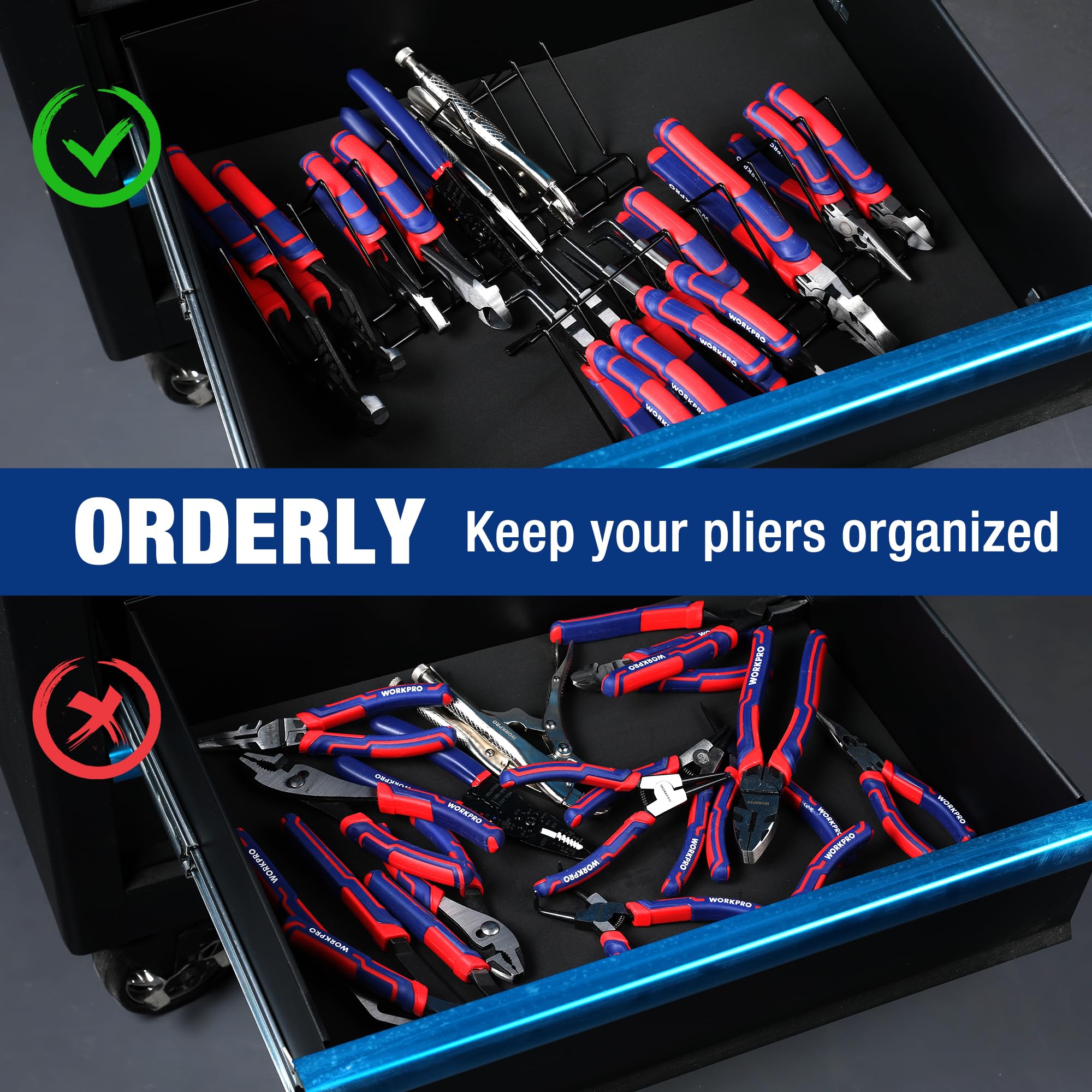 WORKPRO versatile organizer accommodates insulating plier sets and needle-nose pliers.