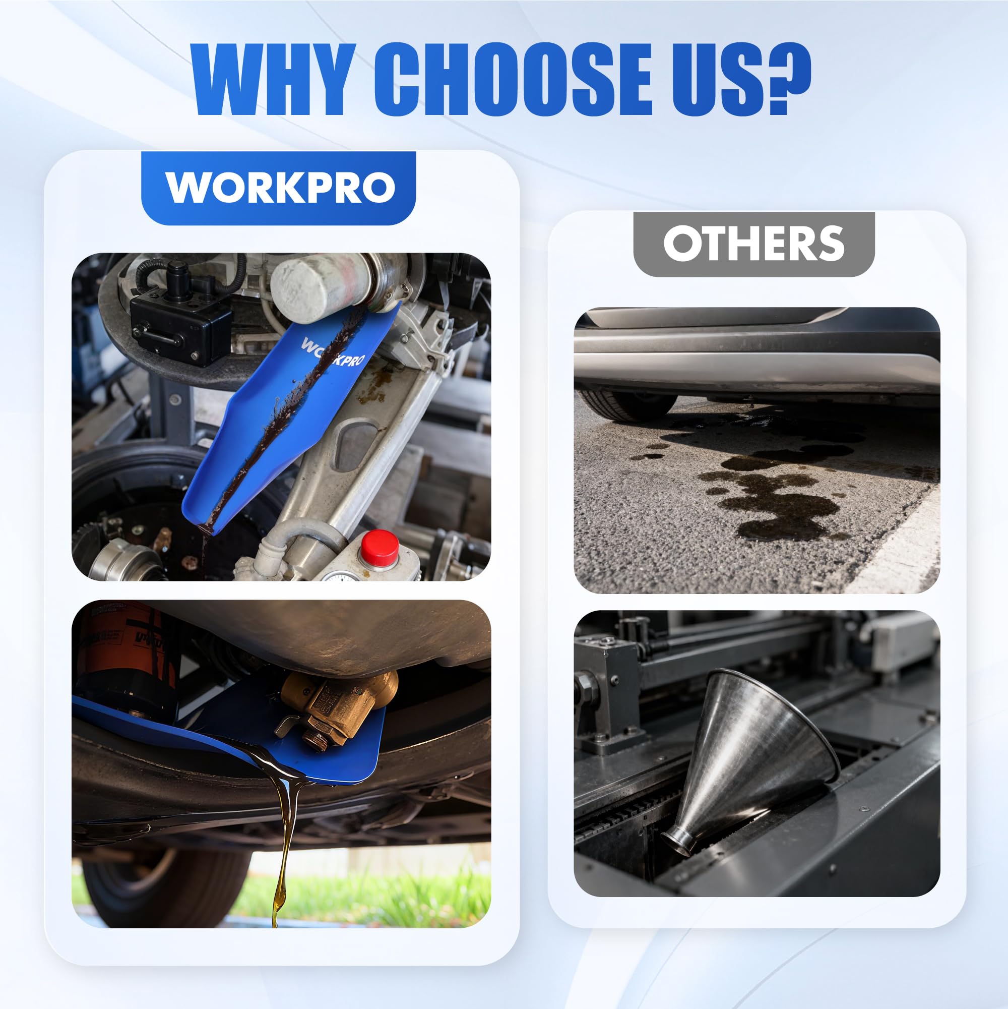 WORKPRO Wide-mouth design simplifies pouring from diverse vehicles and equipment.