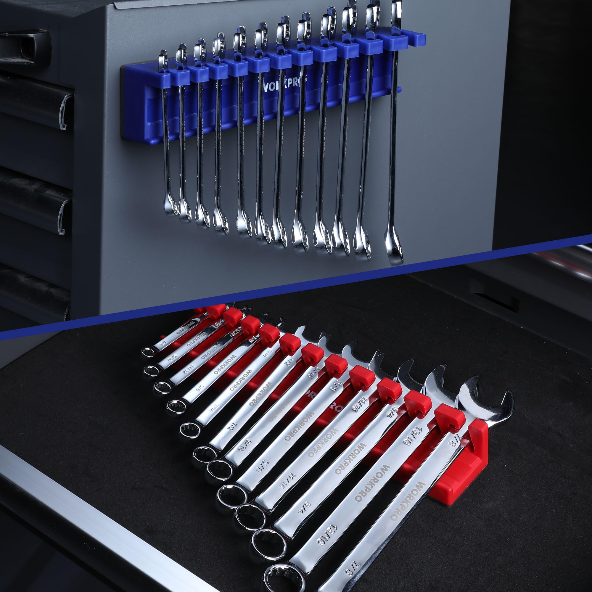 WORKPRO magnetic-base organizer on steel pegboard adds organized storage and surface protection.