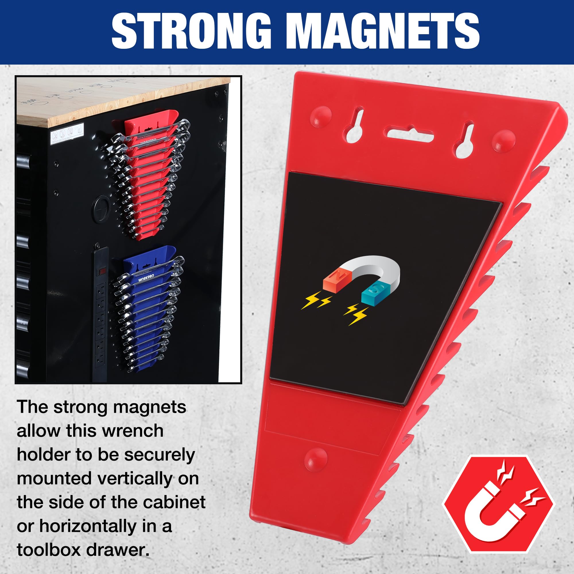 WorkPRO magnetic wrench holder mounted on a tool chest side for a secure hold.
