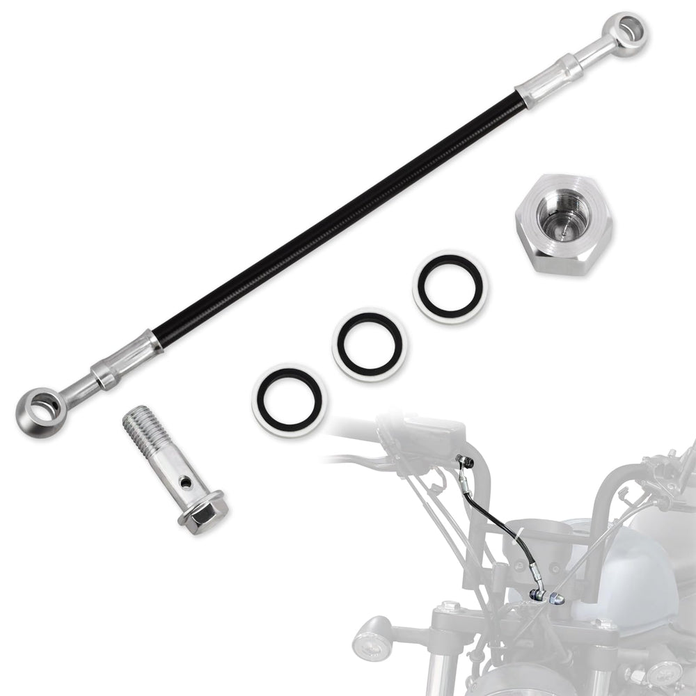 WOWTK 25cm brake line extension close-up for universal motorcycle compatibility and easier upgrades.