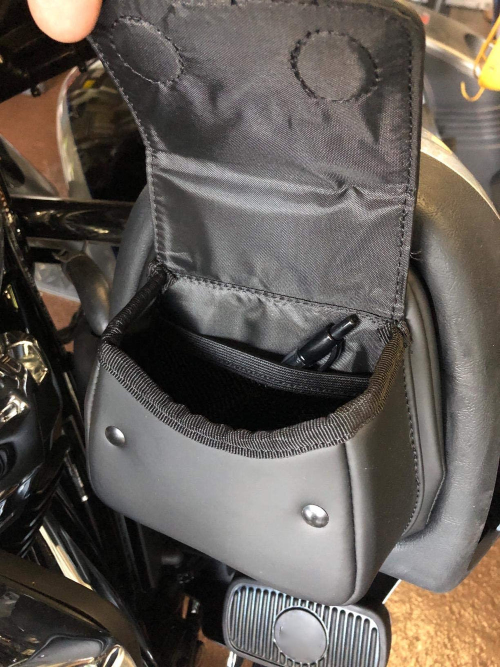 WOWTK fairing lower door pockets installed on Harley for organized roadside items
