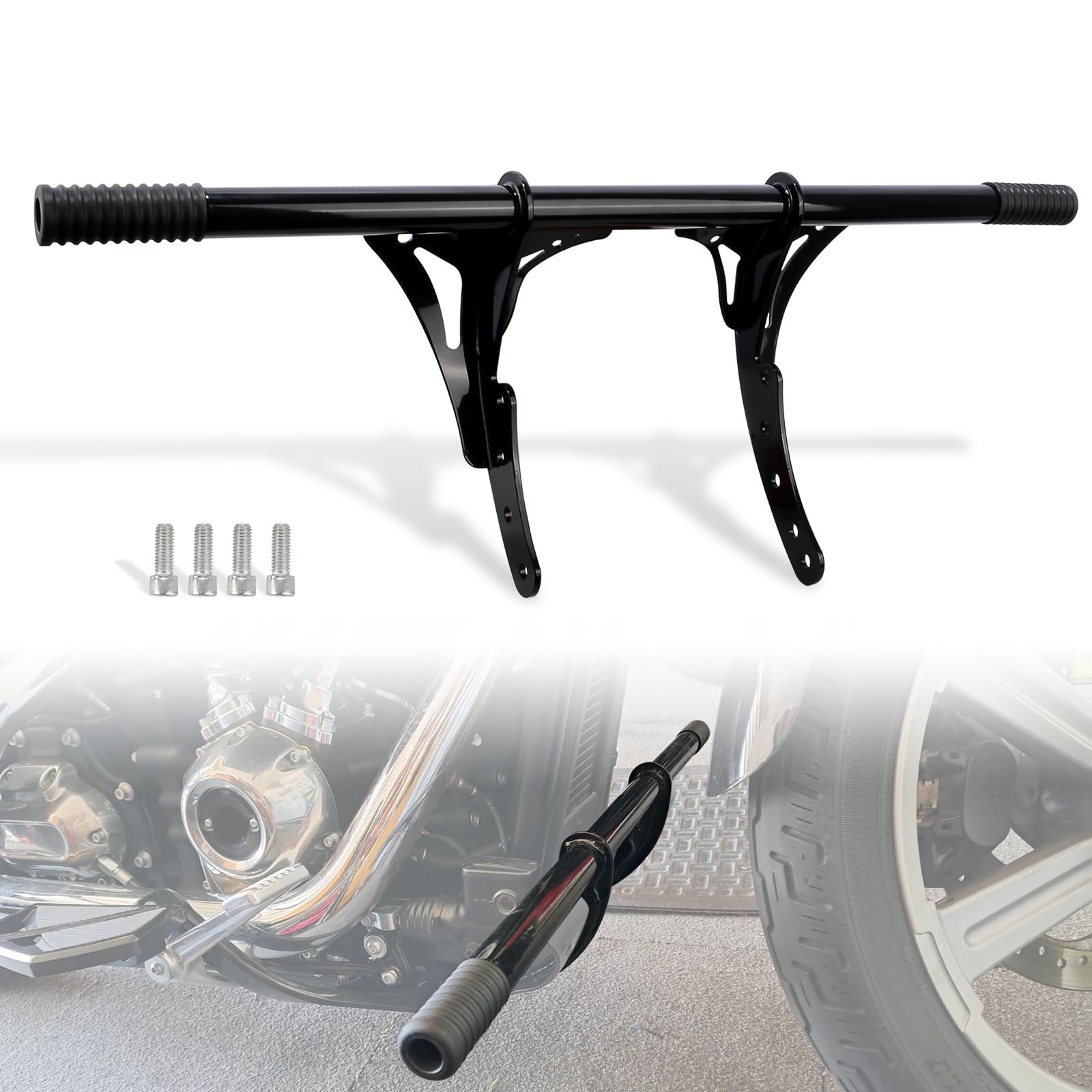 WOWTK highway peg front view highlights rugged protection and gloss black finish.
