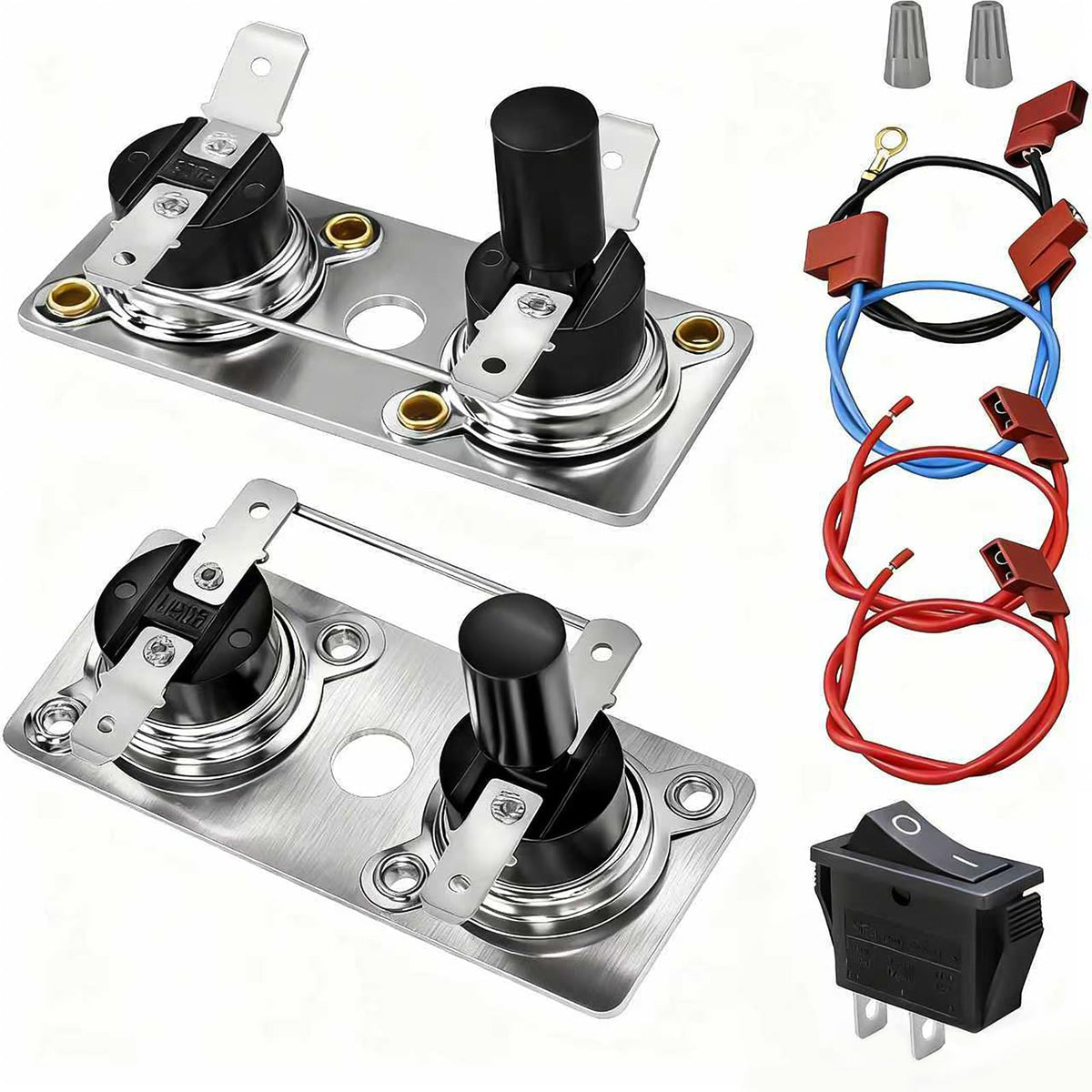 WPL thermostat limit switch kit front view with dual voltage components for RV water heater control