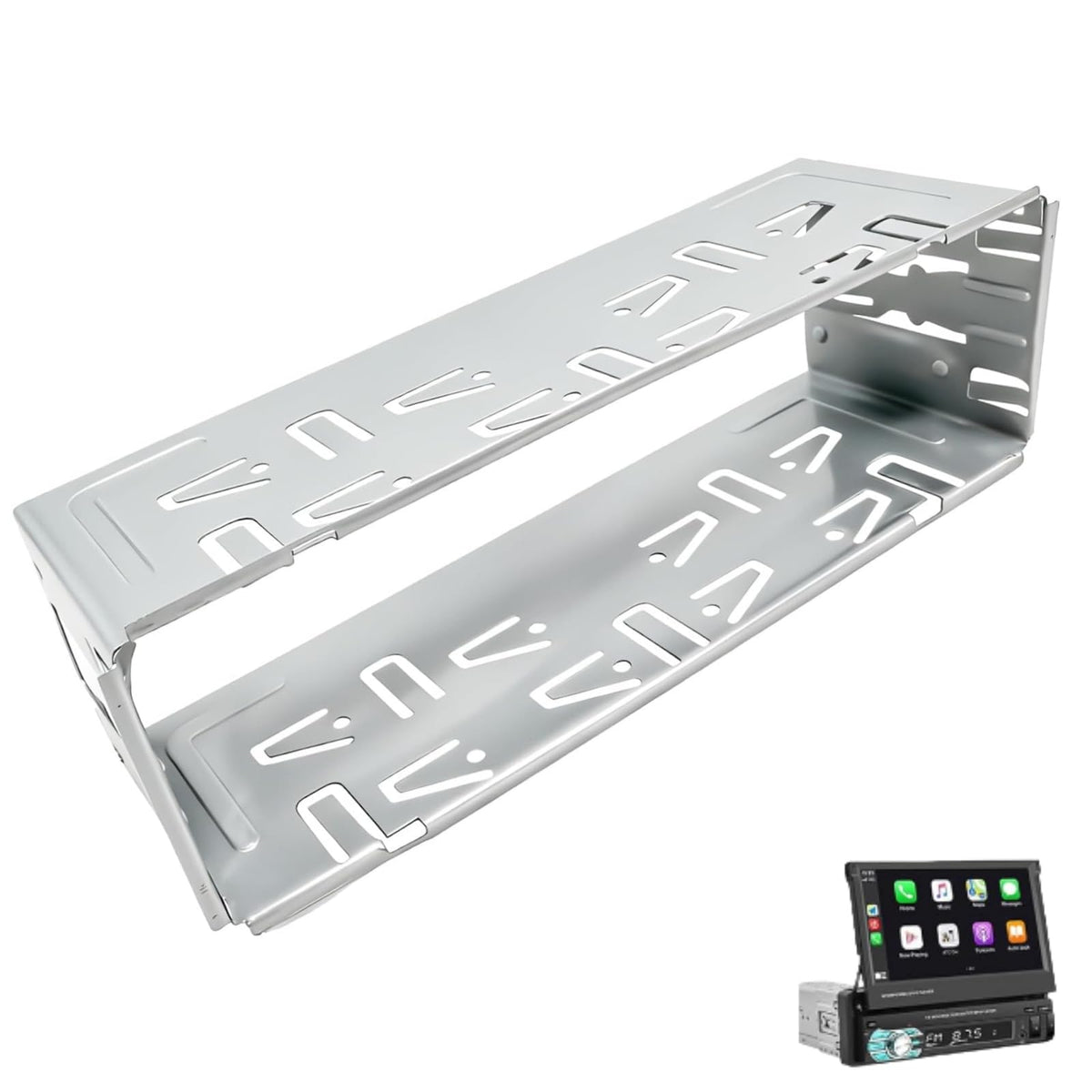 WPL Universal 1-Din stereo cage front view shows sturdy steel construction and stability.