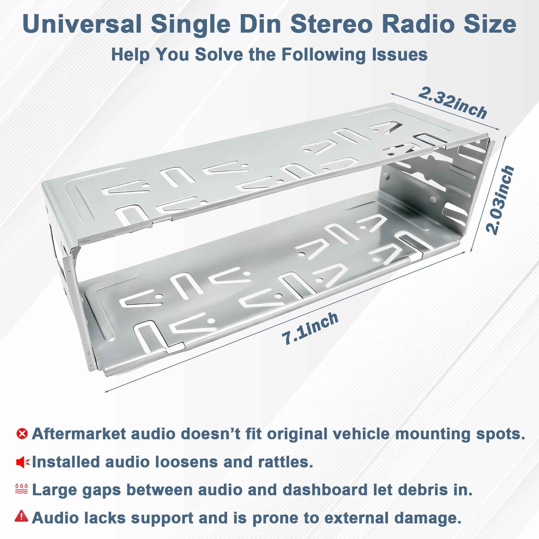 WPL Universal 1-Din cage side view highlights slim profile for dashboard compatibility.