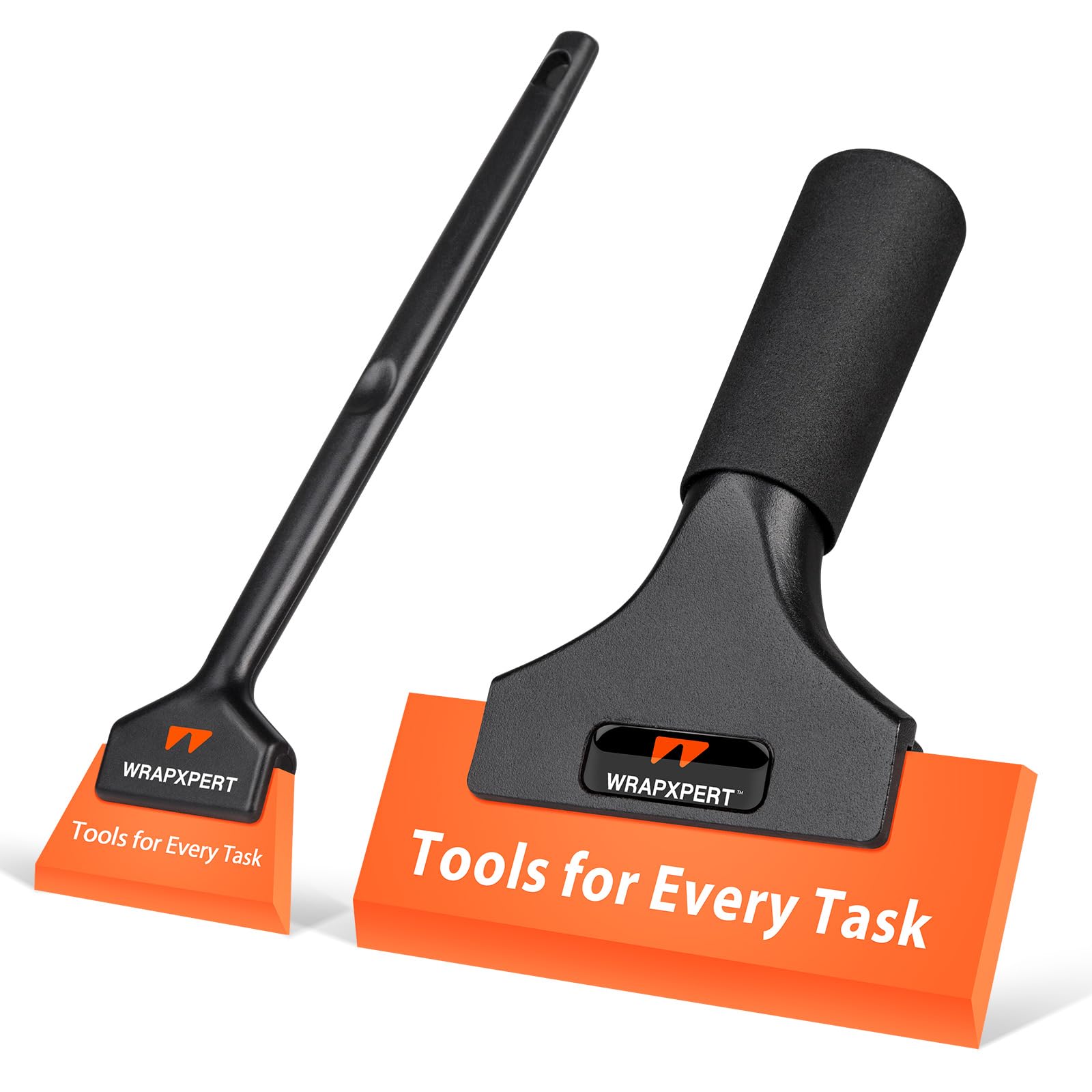 WRAPXPERT 5-inch rubber squeegee on a car window for bubble-free tinting.