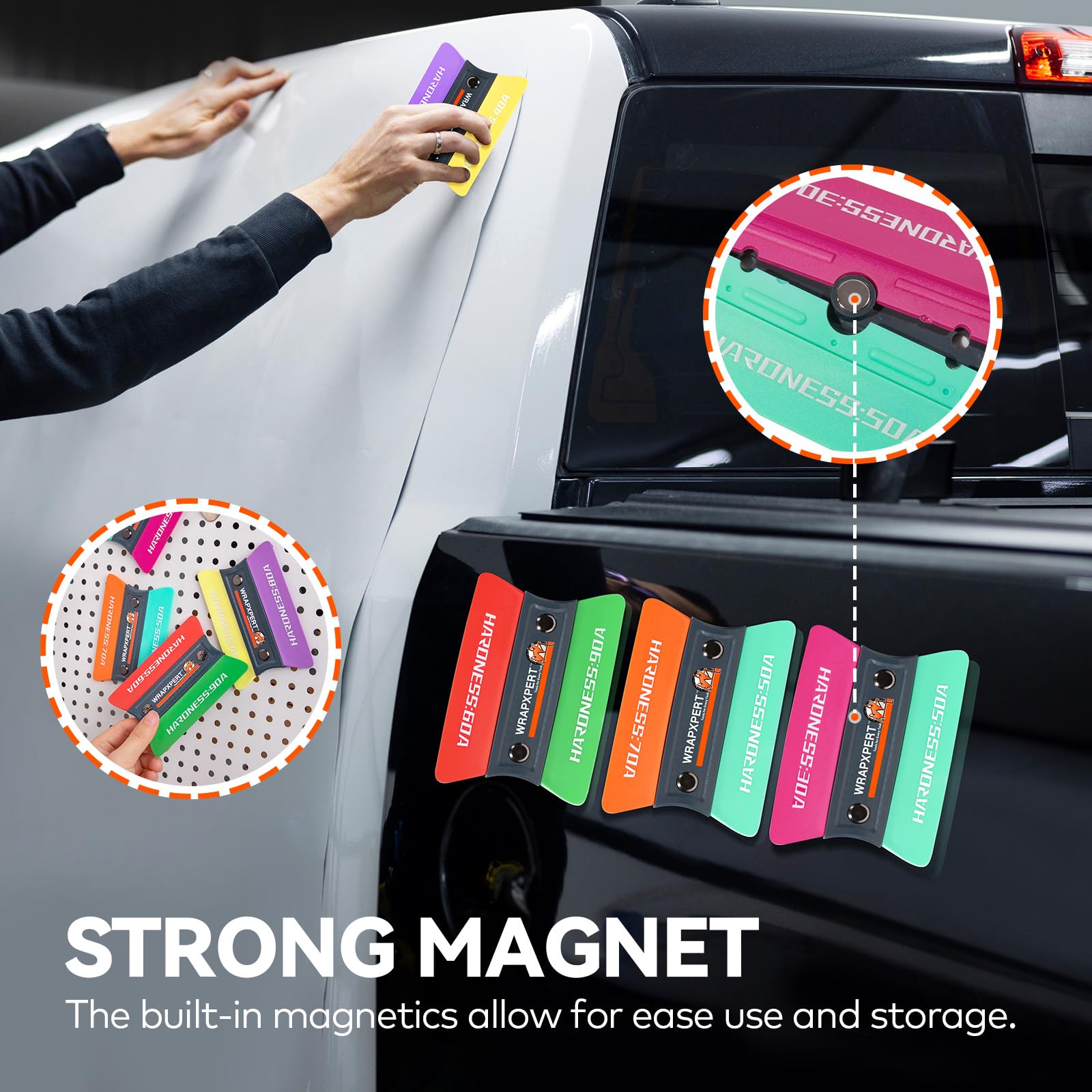 WRAPXPERT magnetic squeegee sticks to metal surfaces for hands-free wrapping