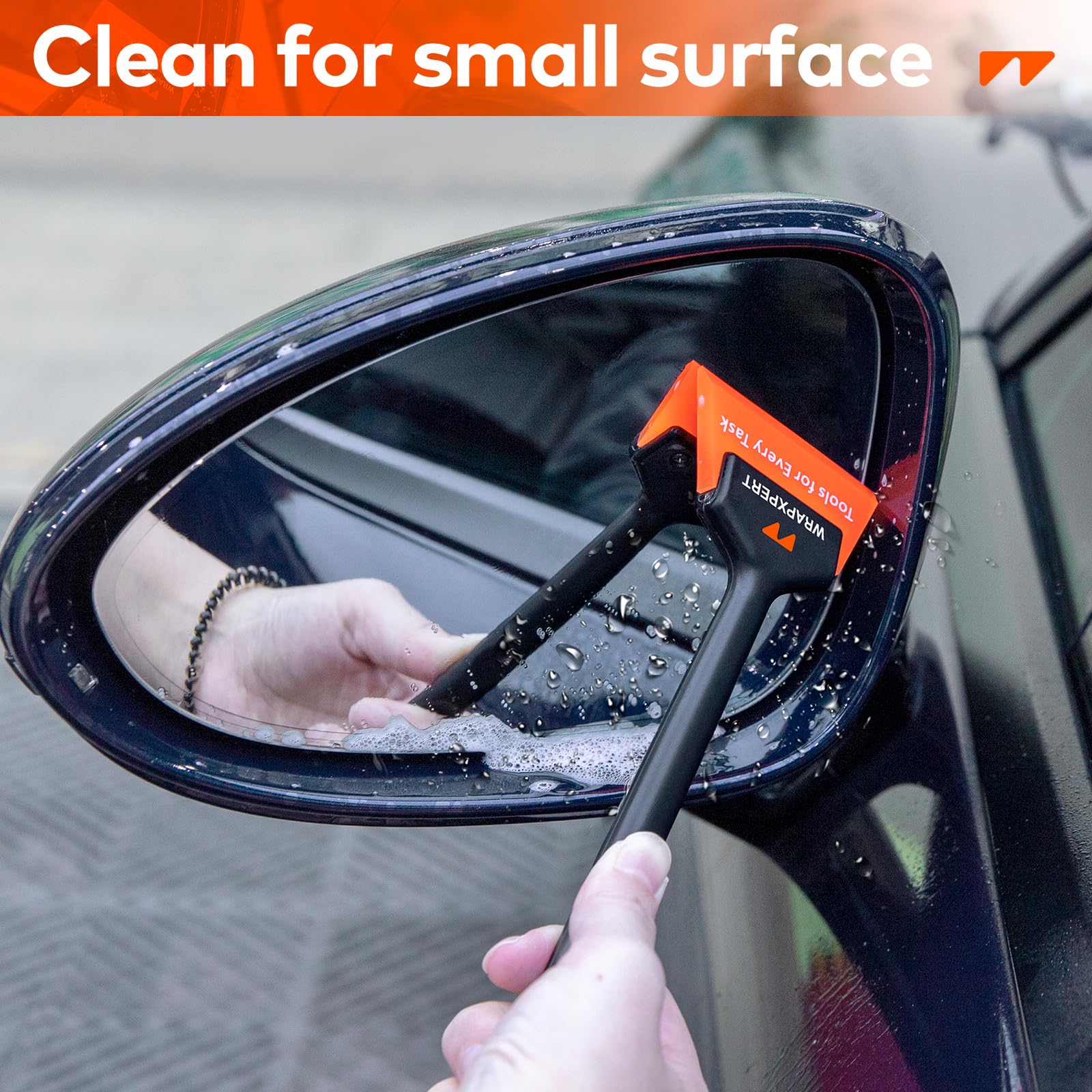 WRAPXPERT side mirror squeegee clears fog and moisture for better visibility.