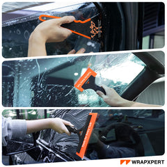 WRAPXPERT triangle squeegee reaching tight gaps for precise edge finishing.