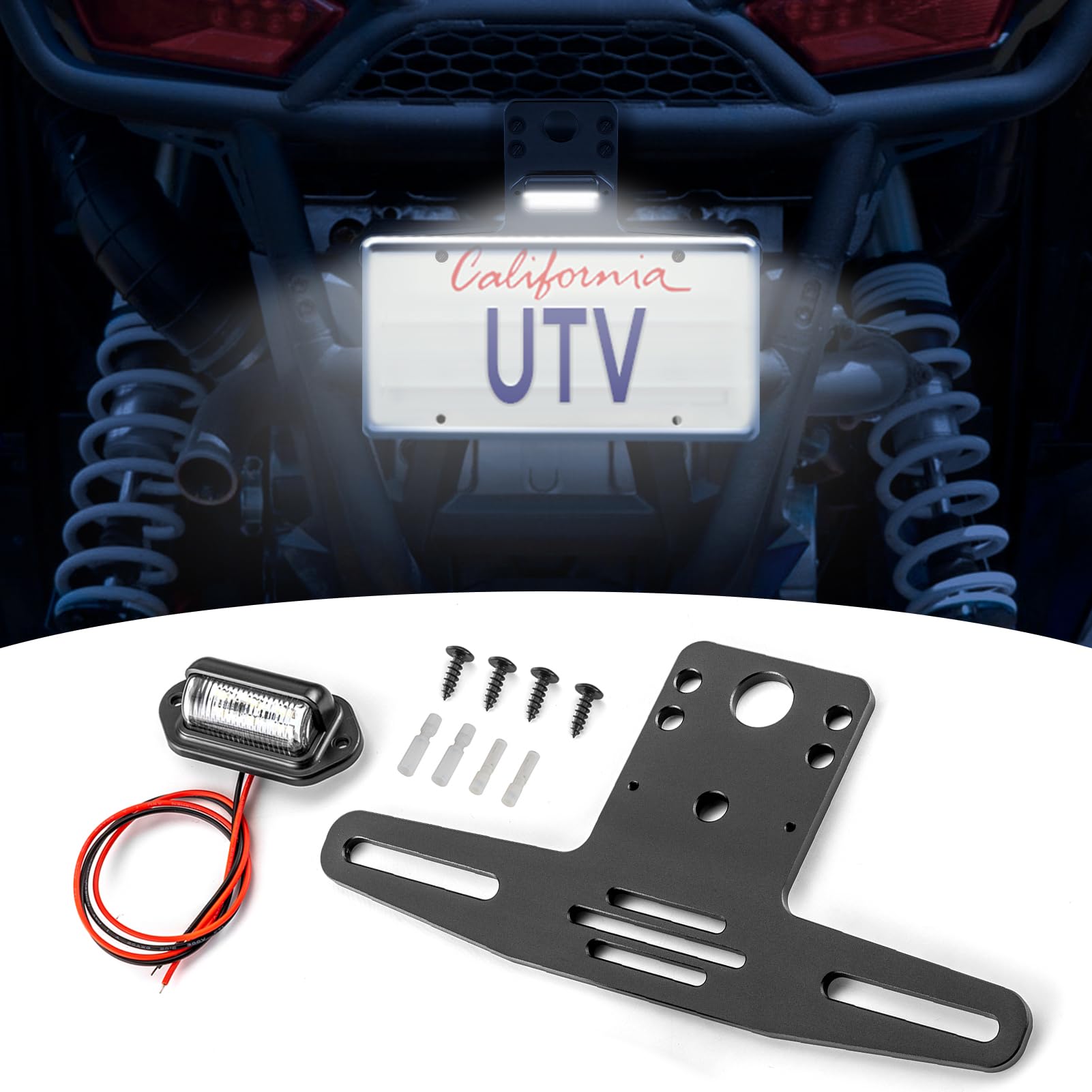 Wsays UTV universal license plate bracket front view; rugged CNC billet aluminum.