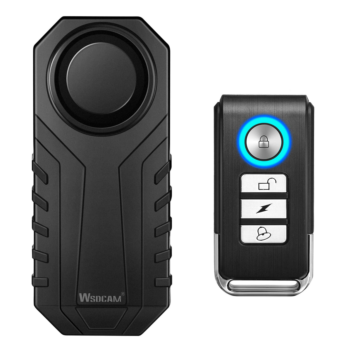 Wsdcam 113dB bike alarm front view showing compact anti-theft design for motorcycles.