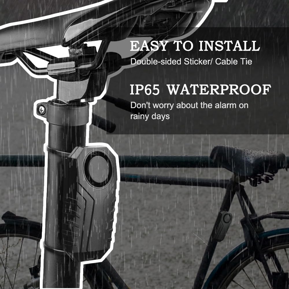 Wsdcam 113dB bike alarm IP55 waterproof rating for all-weather reliability.