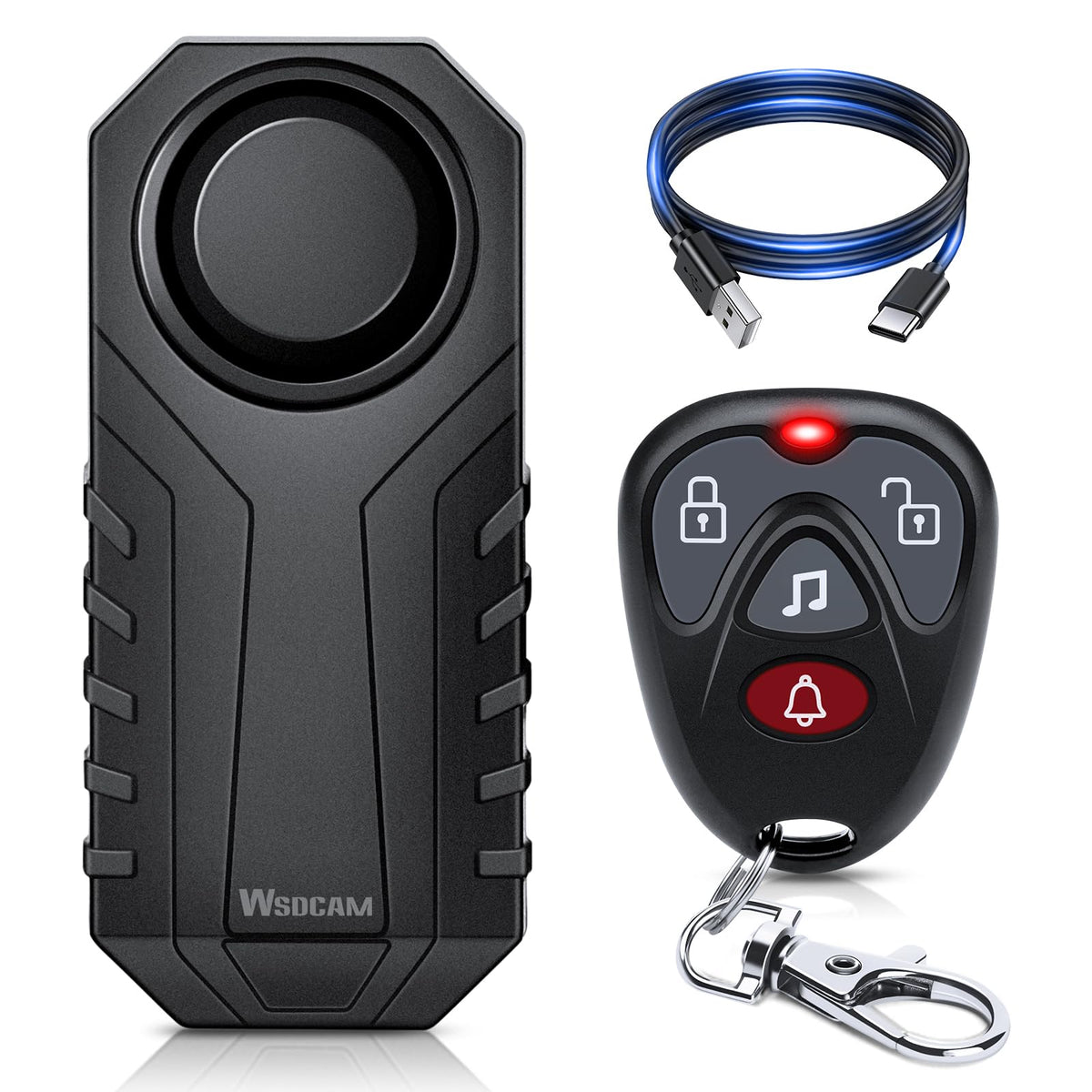 WSDCAM bicycle alarm front view showing compact protection for discreet outdoor use.