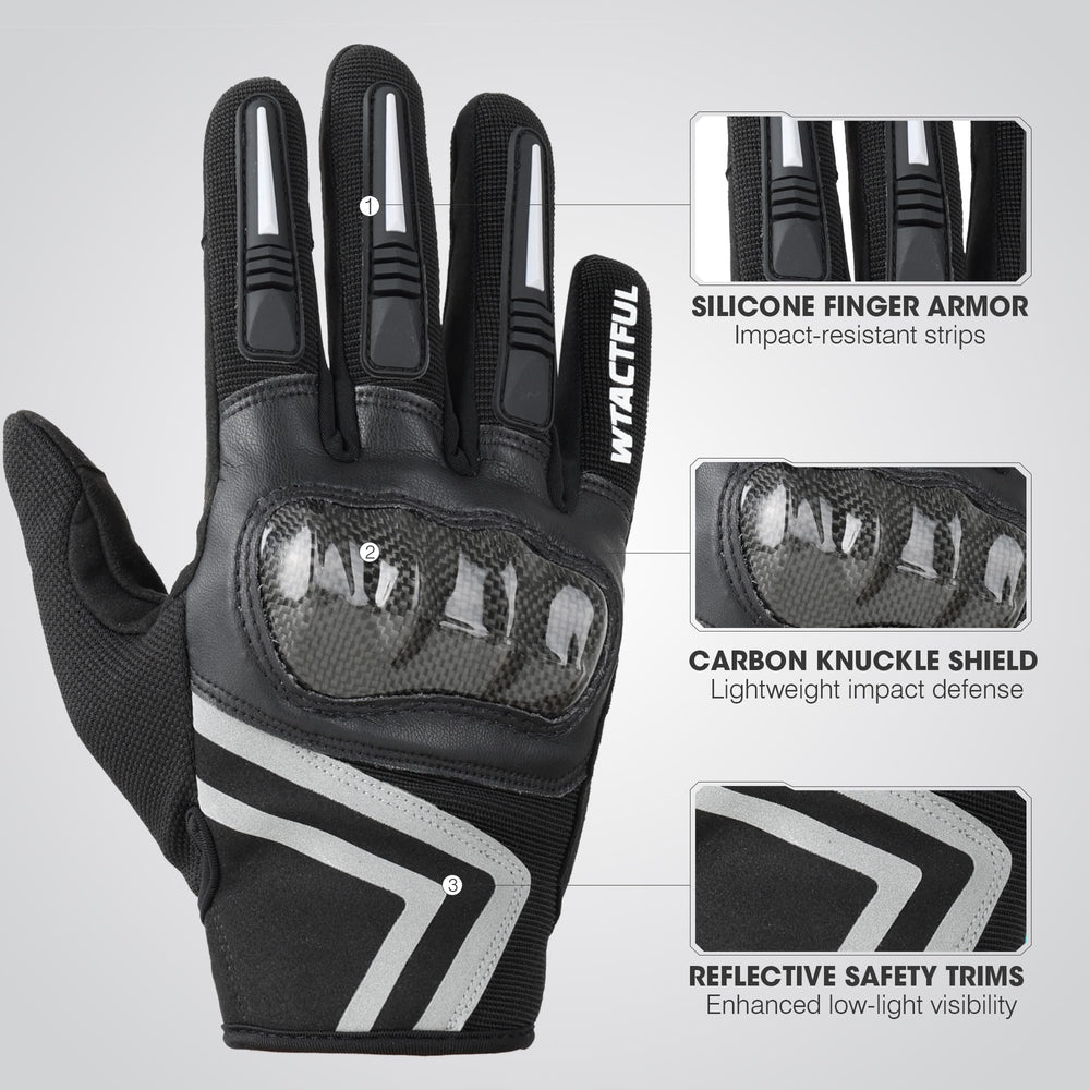 WTACTFUL gloves highlight carbon fiber knuckle protection for confident off-road rides.