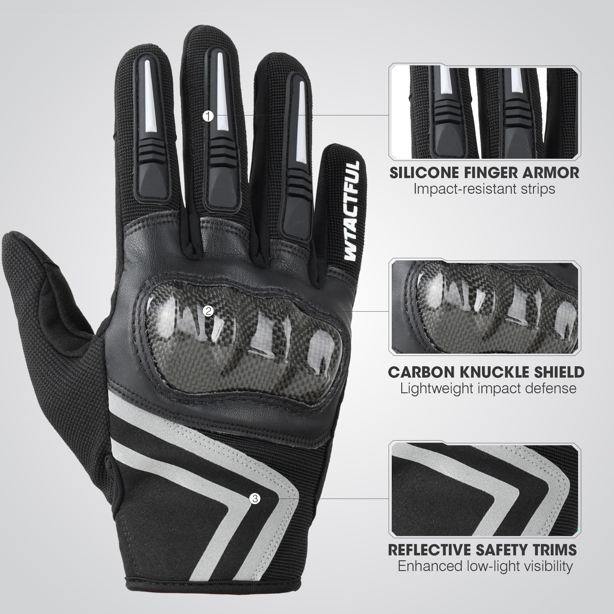 Wtactful motorcycle gloves carbon knuckle shield protects knuckles on rough trails.