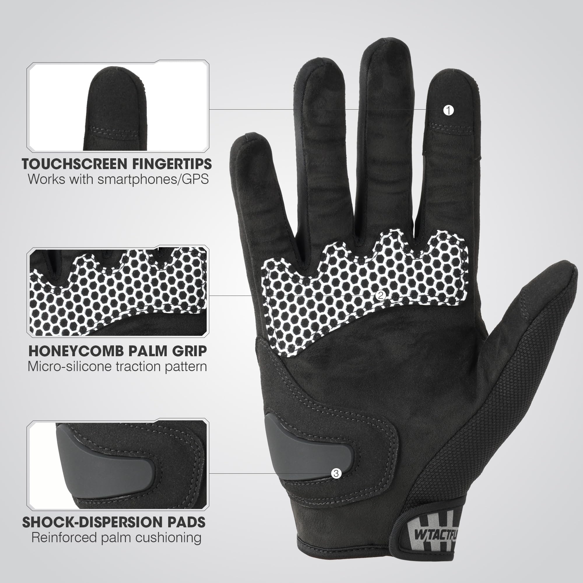 WTACTFUL motorcycle gloves palm-anti-slip offer secure grip on throttle and handlebars.