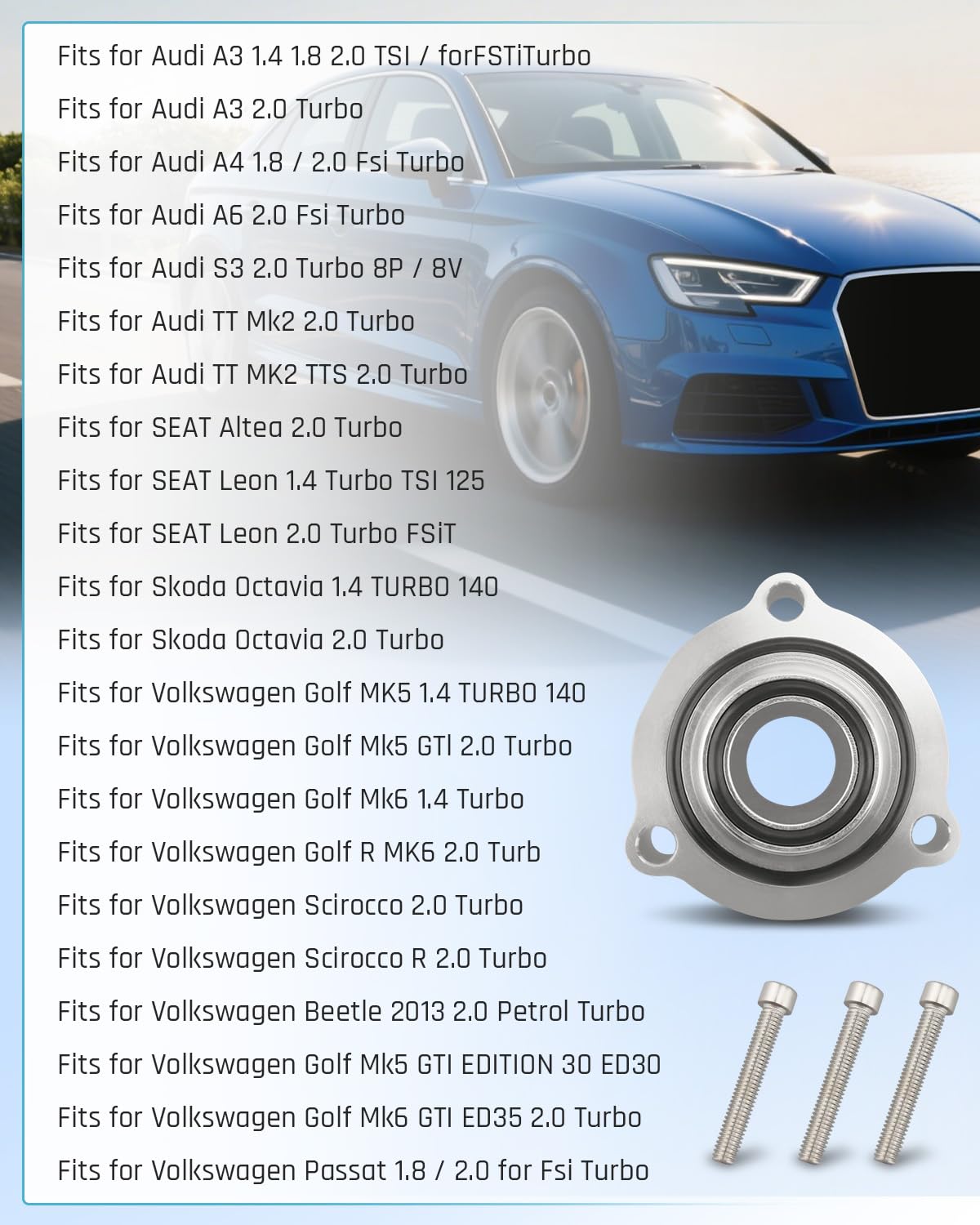 Wujexuhe BOV spacer on Audi A3 improves sealing under turbo pressure and reliability.