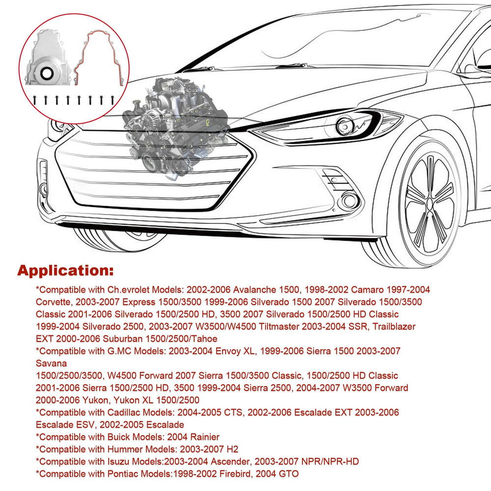 Package contents include timing cover, gasket, and eight screws