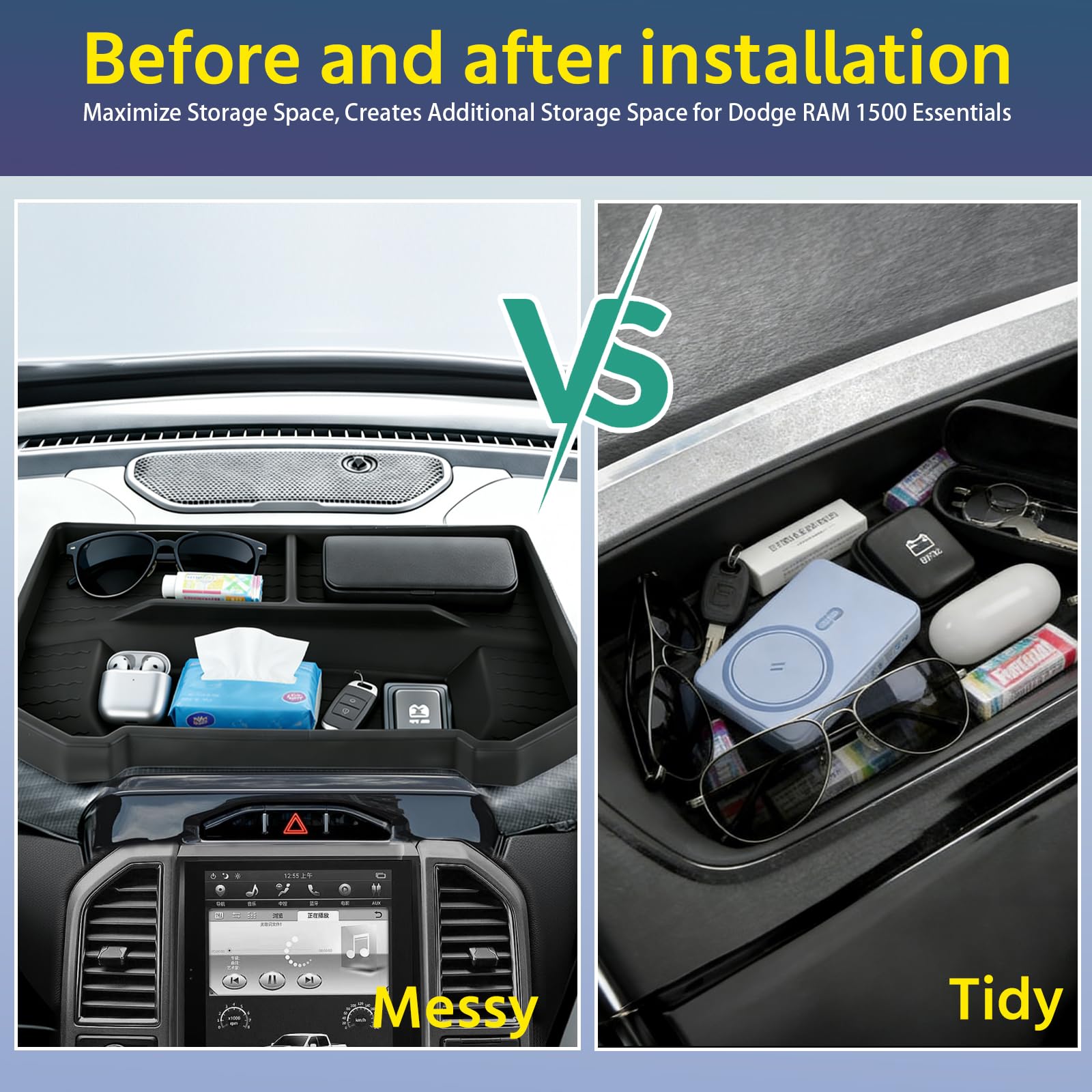 WVNWVN dashboard storage tray for 14.4-inch RAM 1500 keeps keys organized.