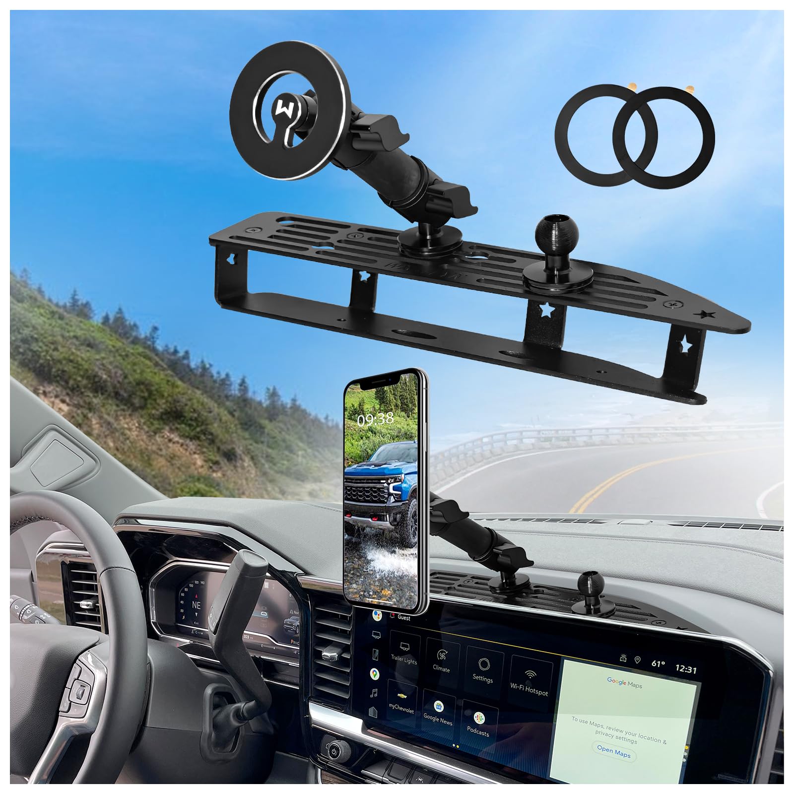 WXRYLYN metal dash platform mount for Silverado/Sierra ensures phone stability on the dash.