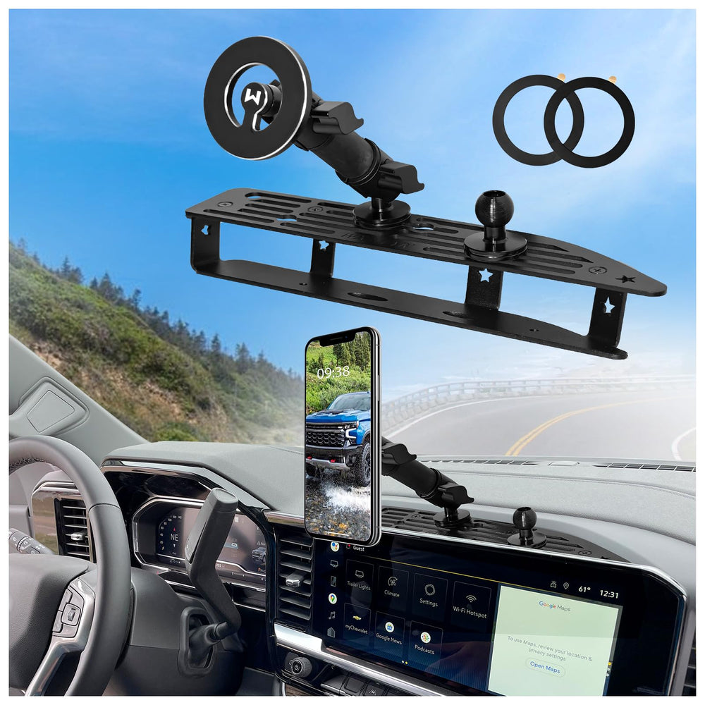 WXRYLYN metal dash platform mount for Silverado/Sierra ensures phone stability on the dash.