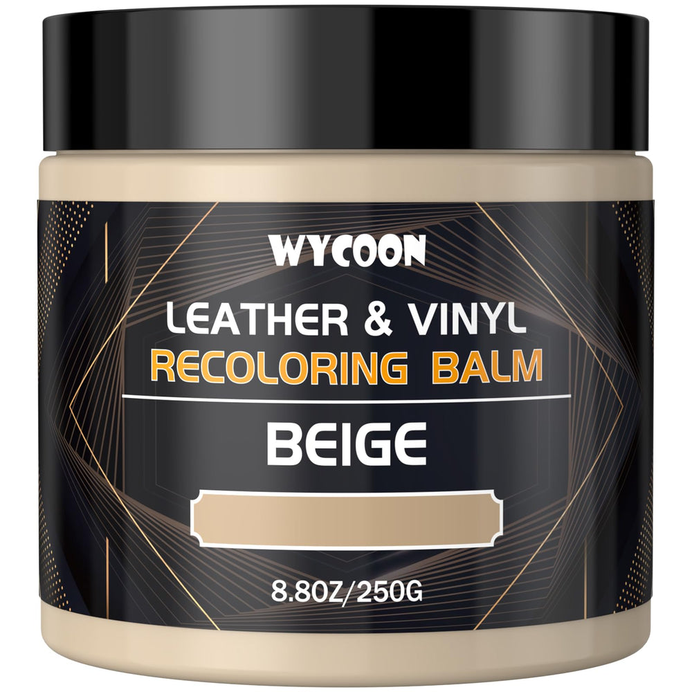 WYCOON leather balm beige bottle pour for quick recolor on faded leather.